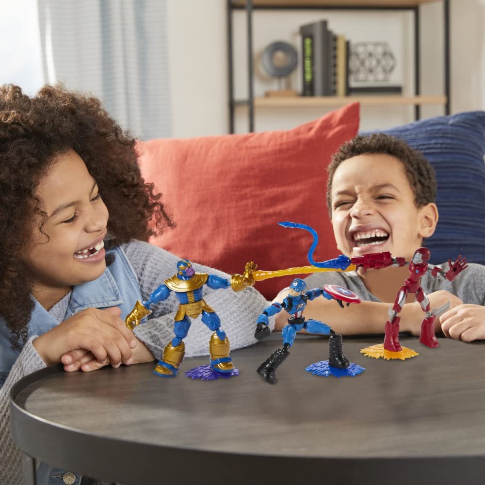Hasbro Marvel Avengers Bend and Flex, Pack of 3 Flexible Figures with Iron Man, Captain America and Thanos, Includes 9 Accessories