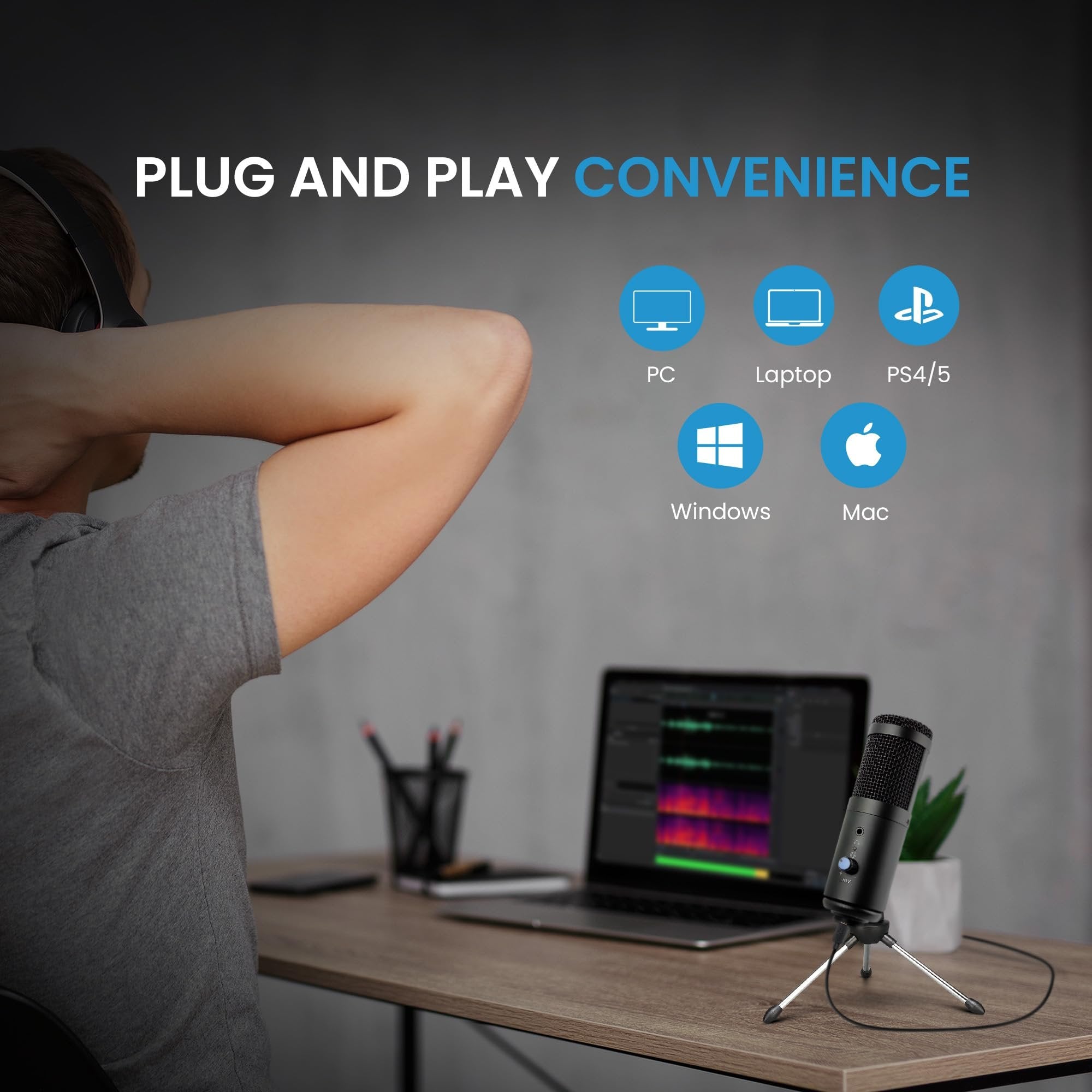 iDance MS1814 6-in-1 PRO Vocal Cardioid Condenser Microphone Plug & Play Studio Recording Microphone for PC Gaming Podcast Broadcast Streaming