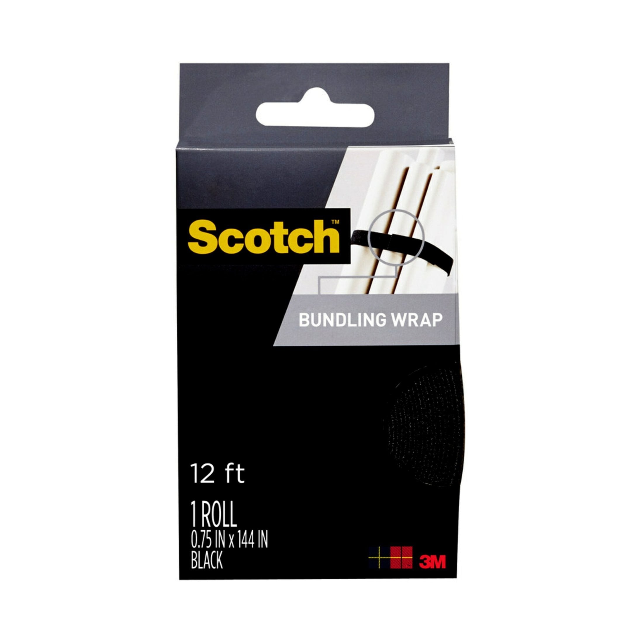 Scotch Hook and Loop Fasteners, Black, .75 in x 12 ft, 1 Roll Bundling Wrap