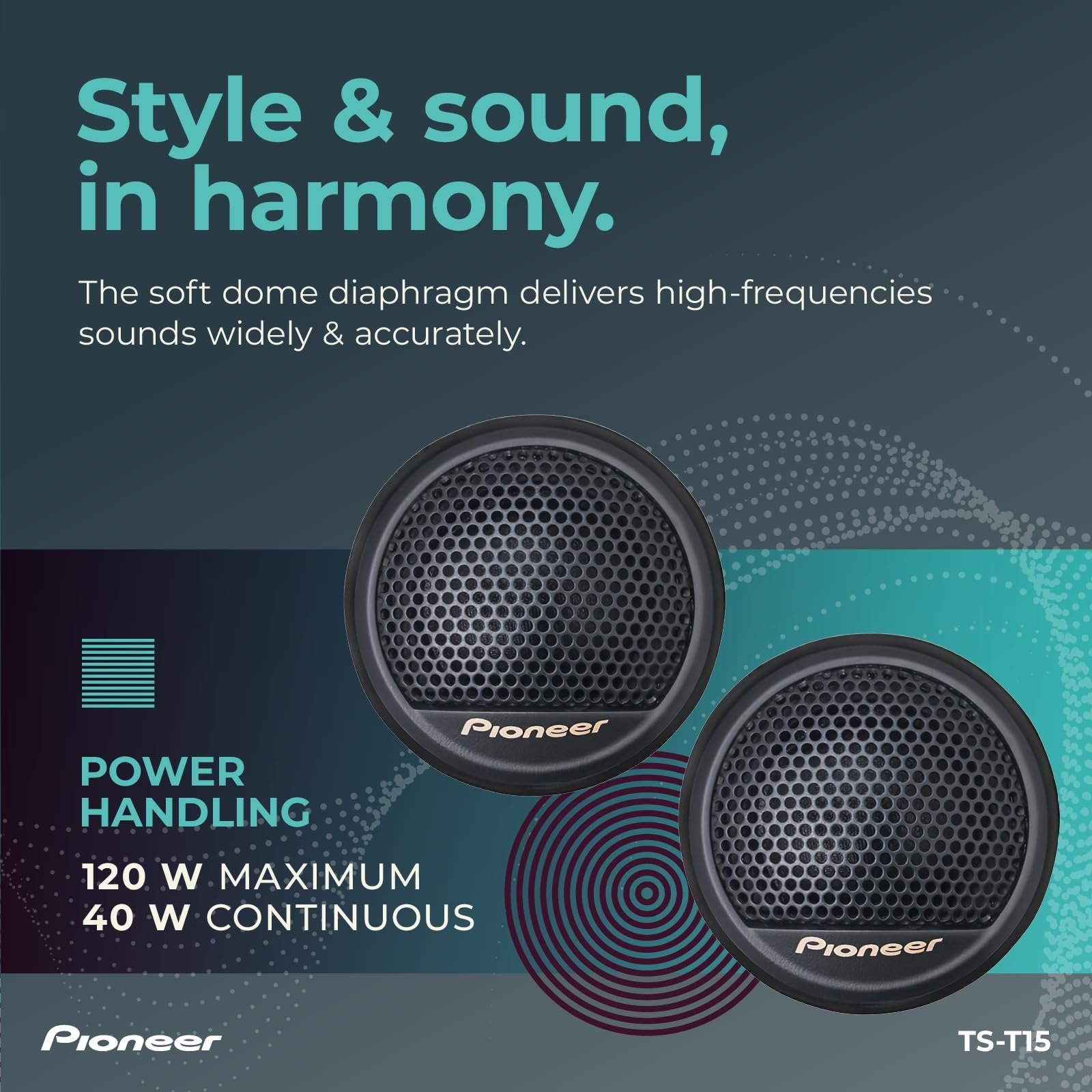 Pioneer TS-T15 3/4” Soft Dome Tweeter Car Speakers, Smooth Upper Range, Clear Sound Quality, Flush and Surface Mounting Capabilities, Pair with Midrange Drivers and Subwoofers for Full Sound (Pair)