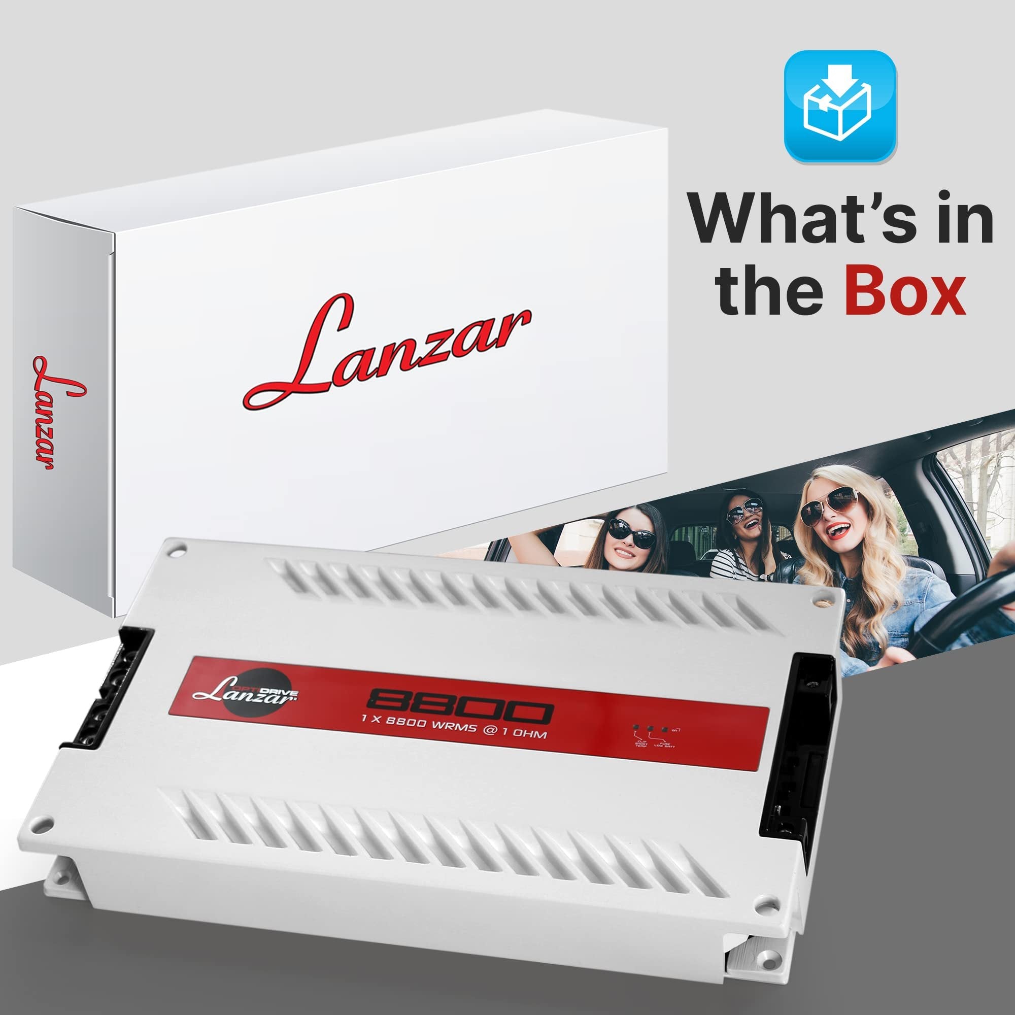 Lanzar One Channel Car Audio Mono Amplifier, 11000 Watt Max @ 1 Ohm High-Powered Mono Car Amplifier with Subsonic Filter and Low Pass Filter, Cooling Fans, White
