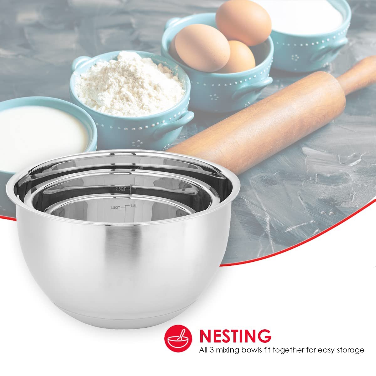 Home Basics 3 Piece Stainless Steel Nesting Mixing Bowls with Rubber Bottoms | Kitchen Essential | High Walls for Easy Mixing | Compact Storage