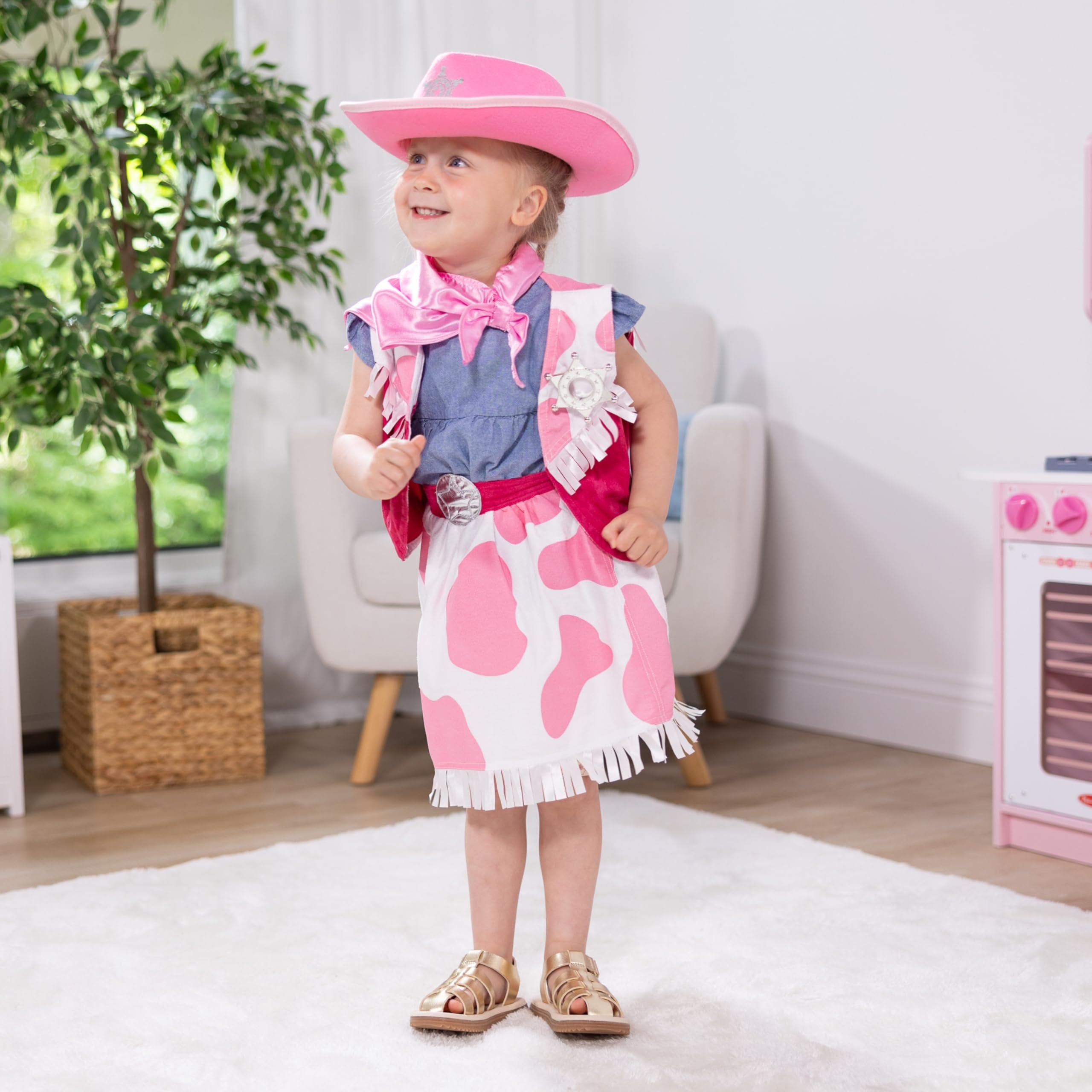 Melissa & Doug Cowgirl Role Play Costume Set (5pcs) - Skirt, Hat, Vest, Badge, Scarf Pink, Child 3-6