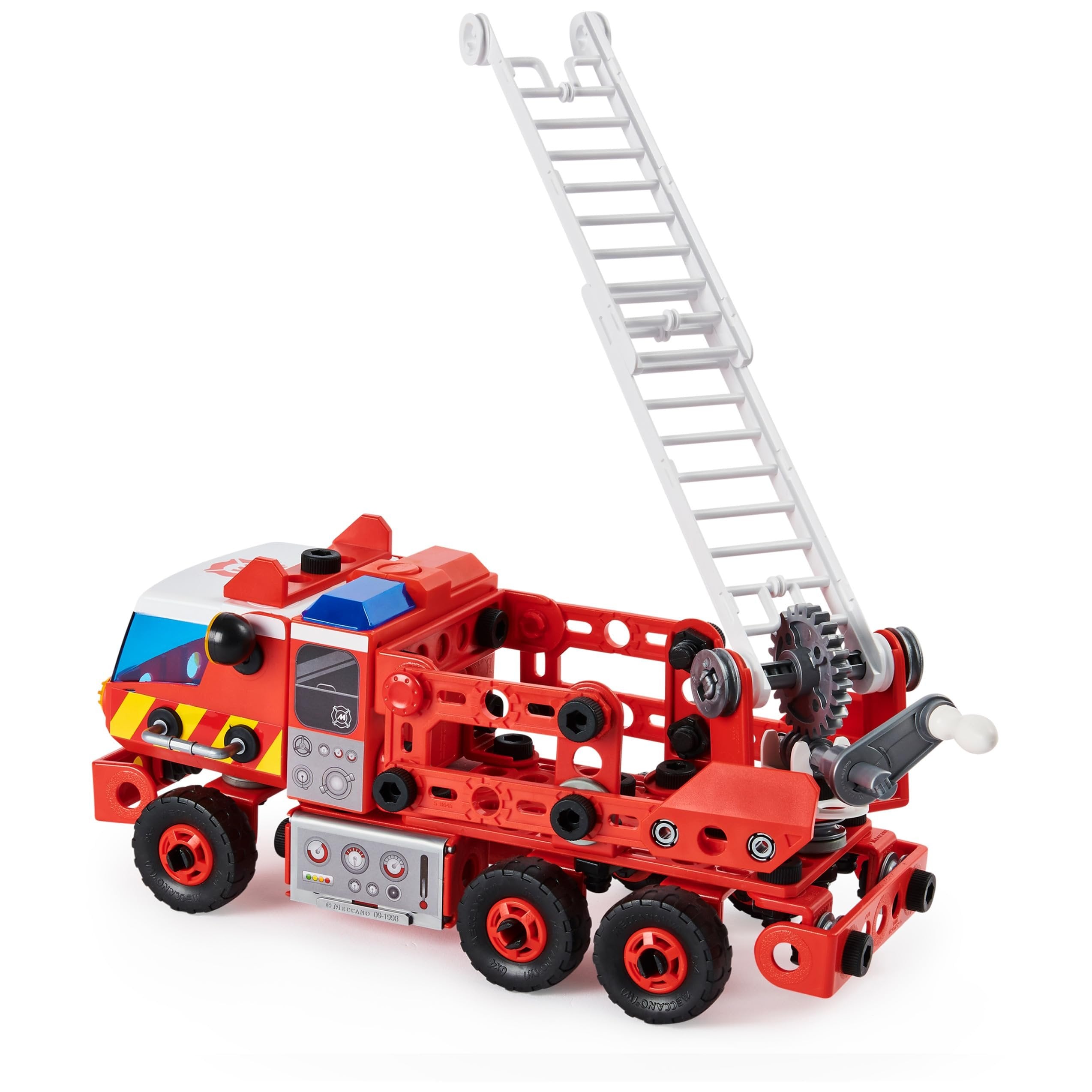 Meccano Fire Truck Toy Model Car Kit (152 pcs): Battery-Powered Siren Sound, Lights & Swiveling Ladder (Ages 5+) STEAM Vehicle Building Set with 2 Kid Construction Tools, 150 Snap-in Parts & Stickers