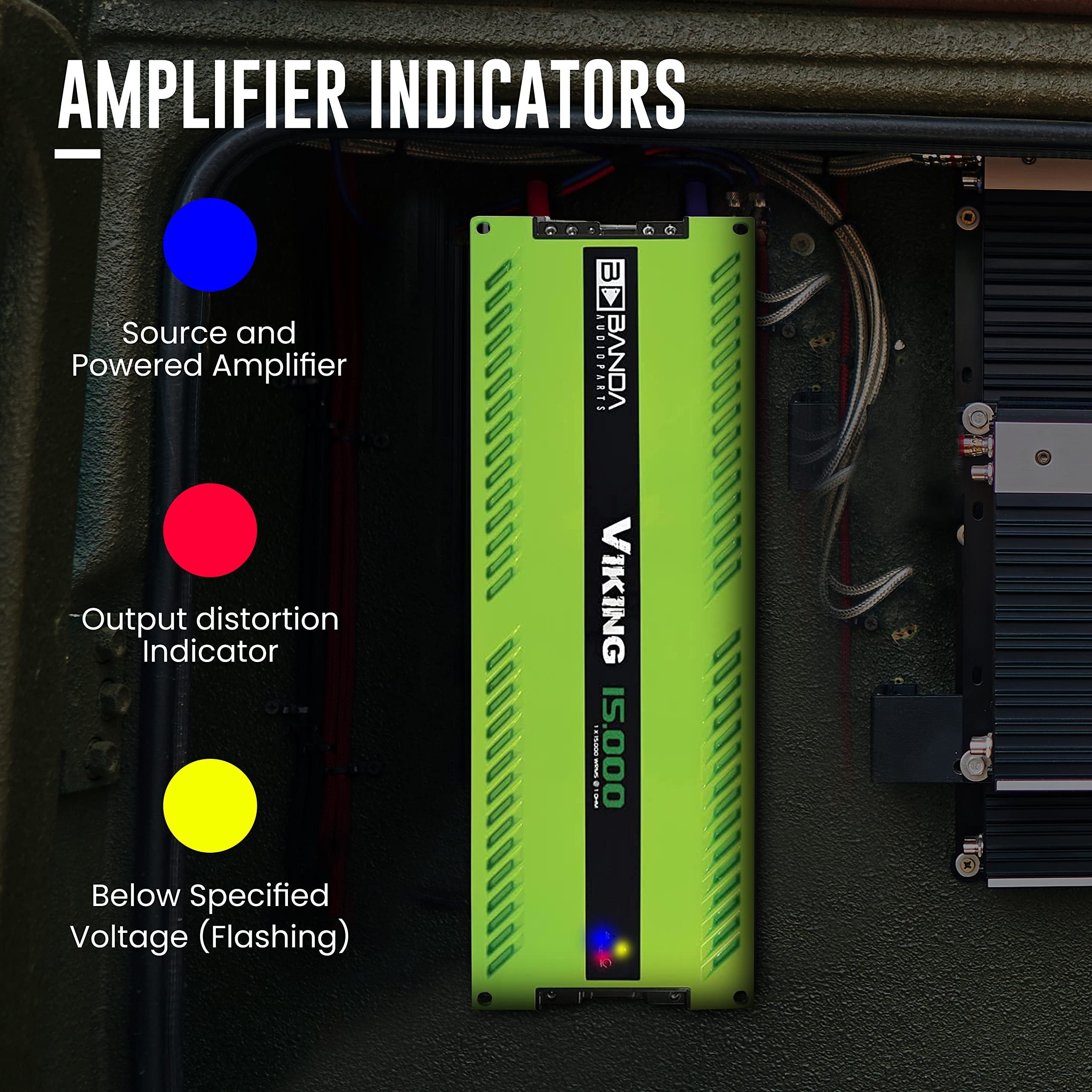 Banda Audioparts 1-Channel Vehicle Audio Bass Amplifier High Powered Mono Bass Amplifier w/Subsonic Filter & Low Pass Filter Stable at 1ohm,LED Indicators,Sound Specialization,Green-VIKING15000GREEN