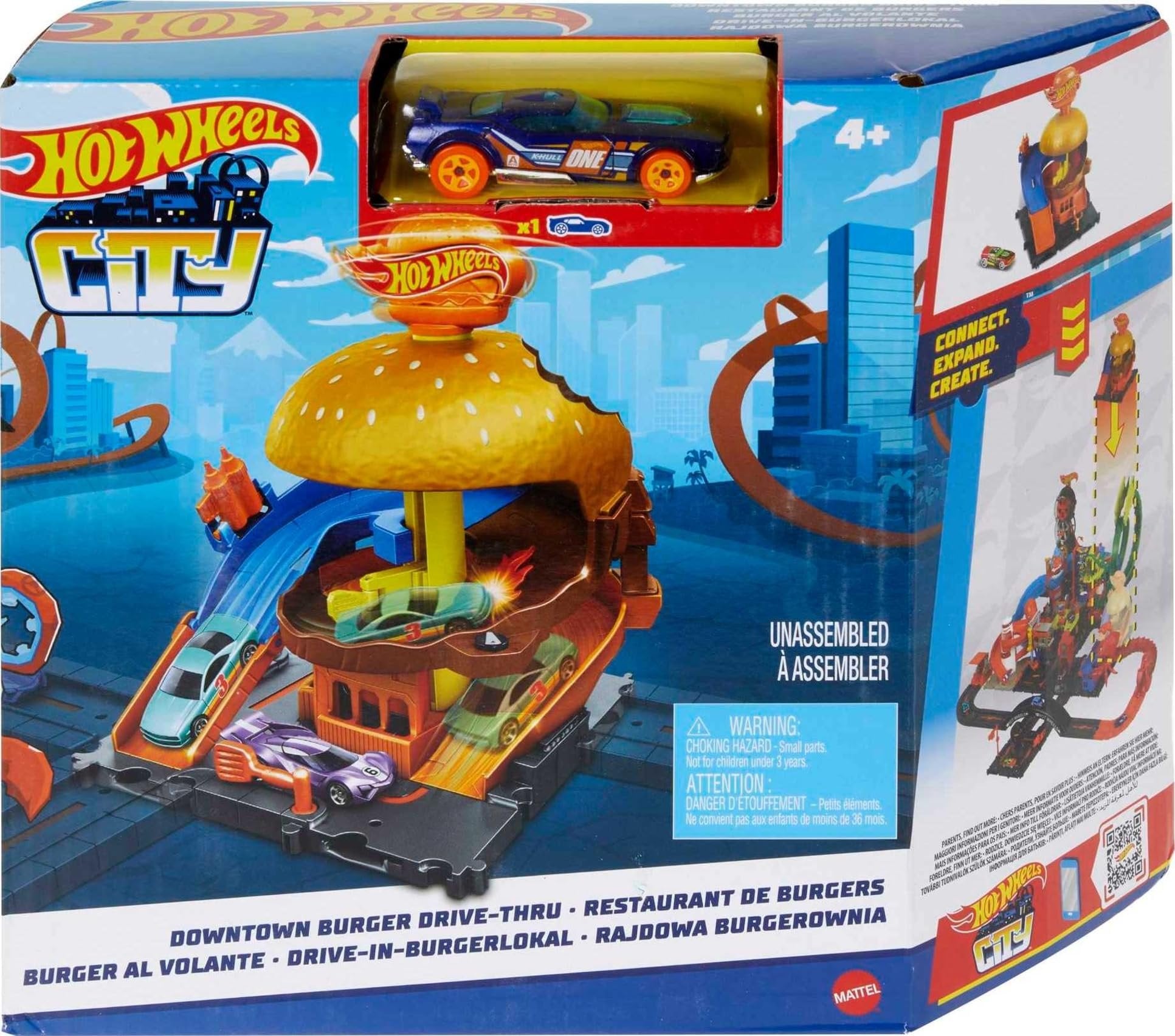 Hot Wheels Toy Car Track Set, City Burger Drive-Thru Playset & 1:64 Scale Car, Connects to Other Sets & Tracks