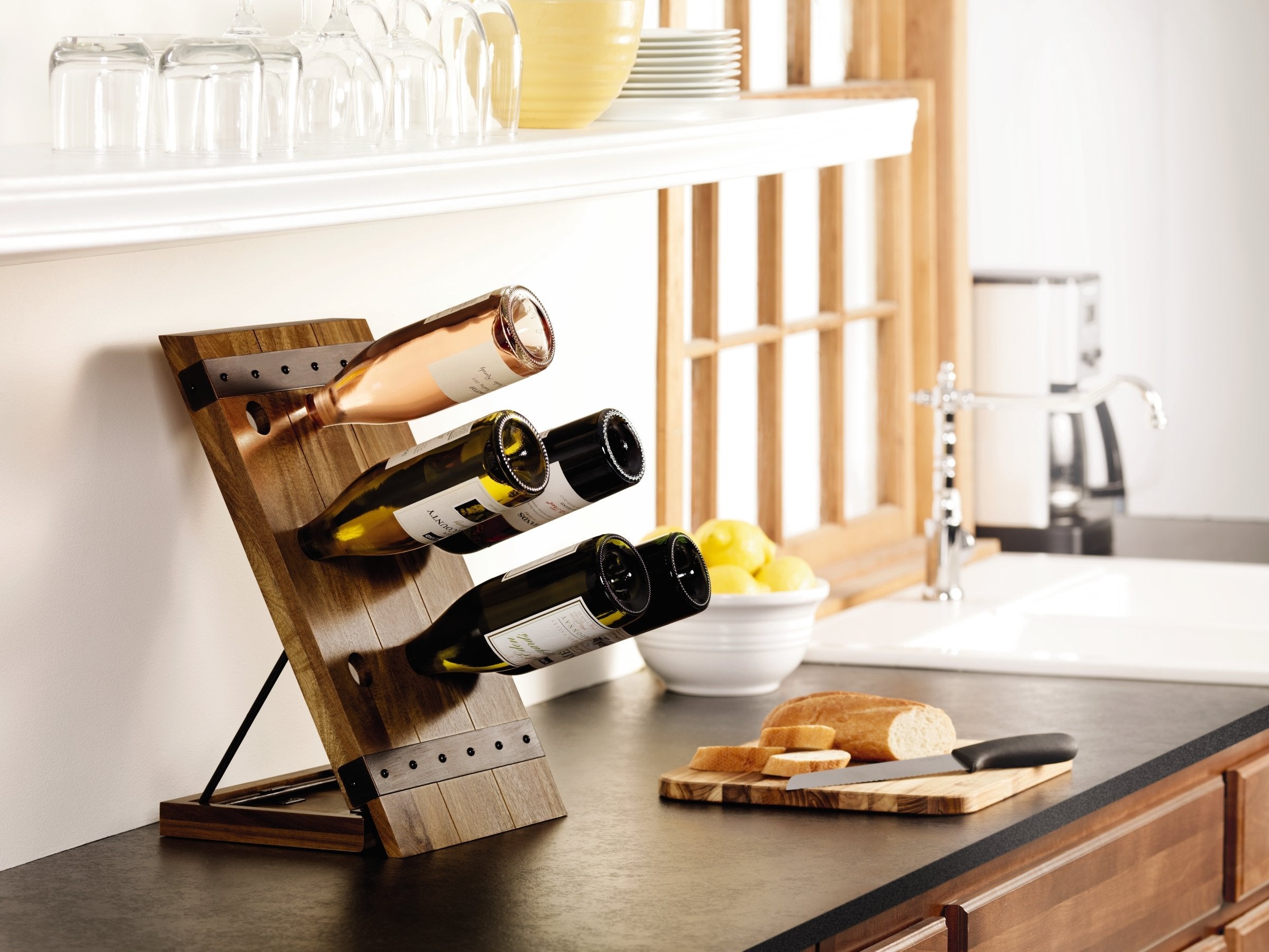 Gourmet Basics by Mikasa Monterey Monteray 9 Bottle Acacia Wood Wine Rack with Black Wire