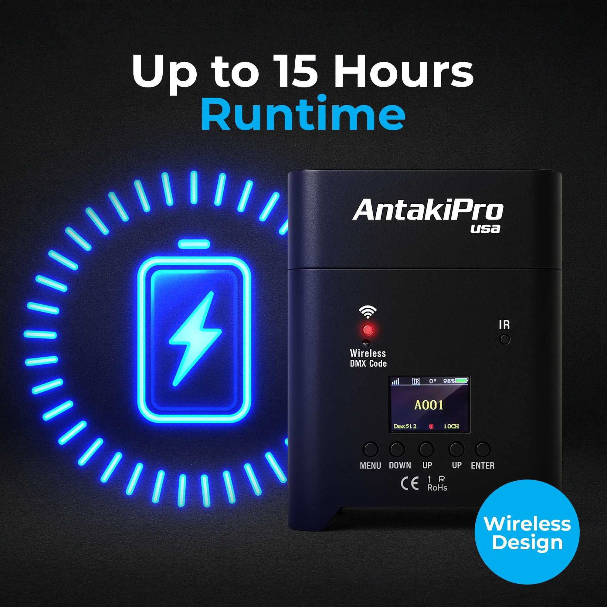 ANTAKIPRO Portable 6X6 Dynamic Stage Lighting – Wireless Battery LED Par Lights, DJ Lighting, Party Lights with 6x18W RGBWAUV, DMX512, Remote, 15°-40° Lens, 15h Runtime (Black)