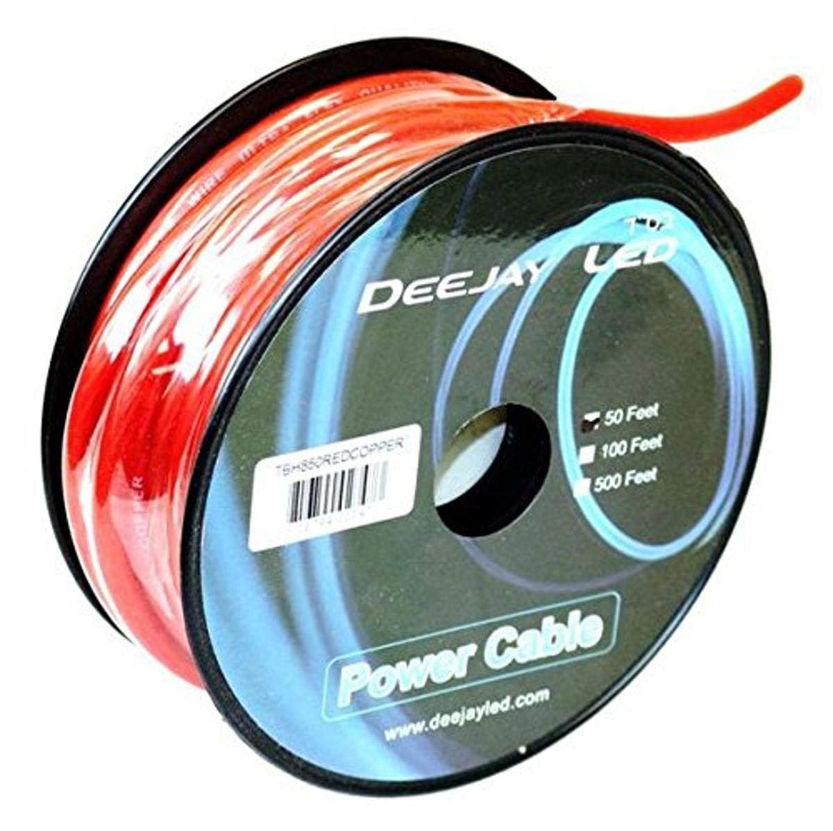 DEEJAYLED Eight-Gauge 50 Foot Red Pure Copper Stranded Power Cable Content Oxygen Free Copper Stranded Wire Style With Thick Red Outer Jacket Power Rating TBH850REDCOPPER
