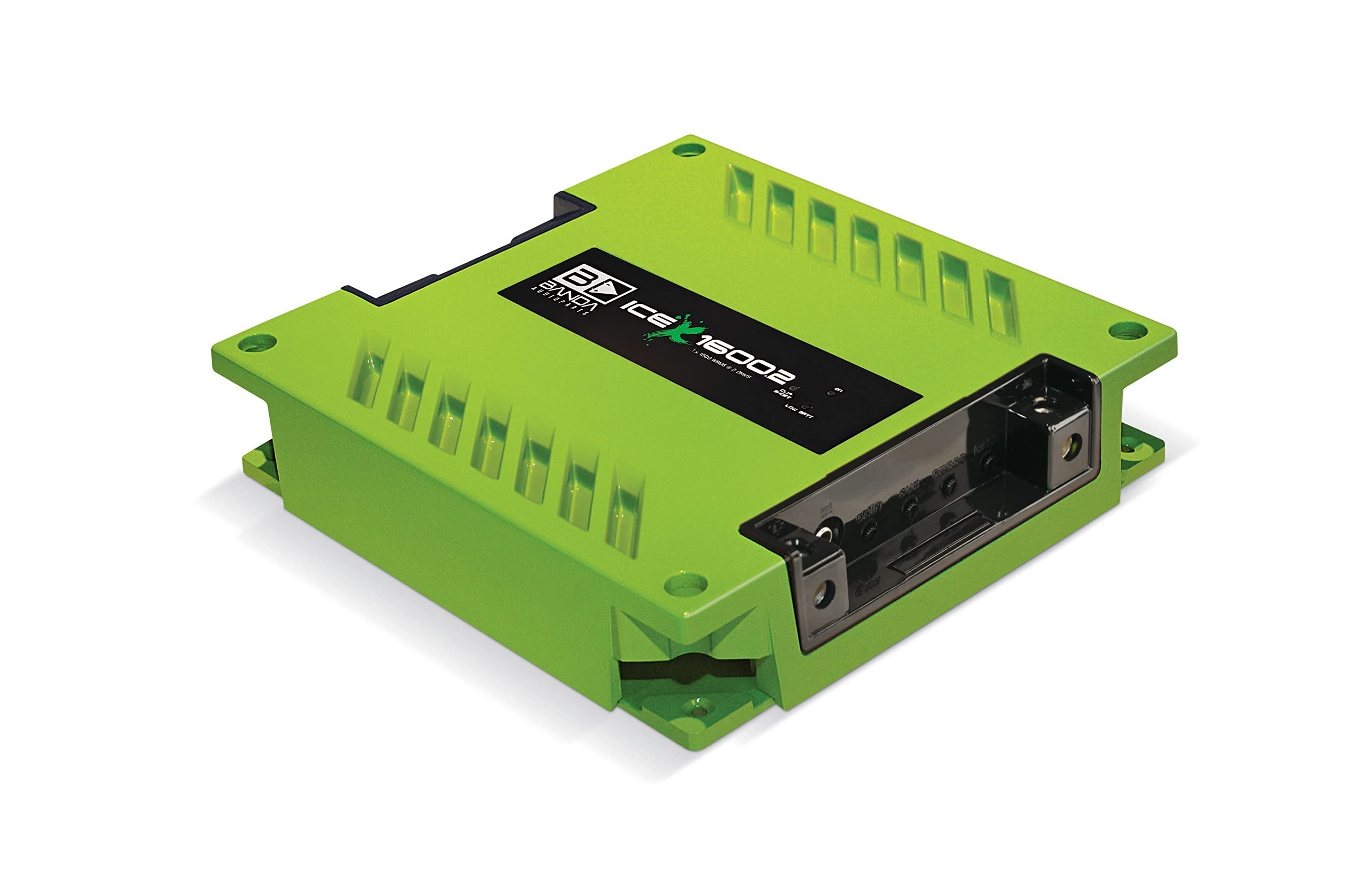 1-Ch. Vehicle Audio Bass Amplifier - 1900W High-Powered Mono Bass Amp w/Subsonic Filter and Low Pass Filter Stable at 2 ohms, LED Indicators, Sound Specialization, Green - BANDA ICEX1600.2GREEN