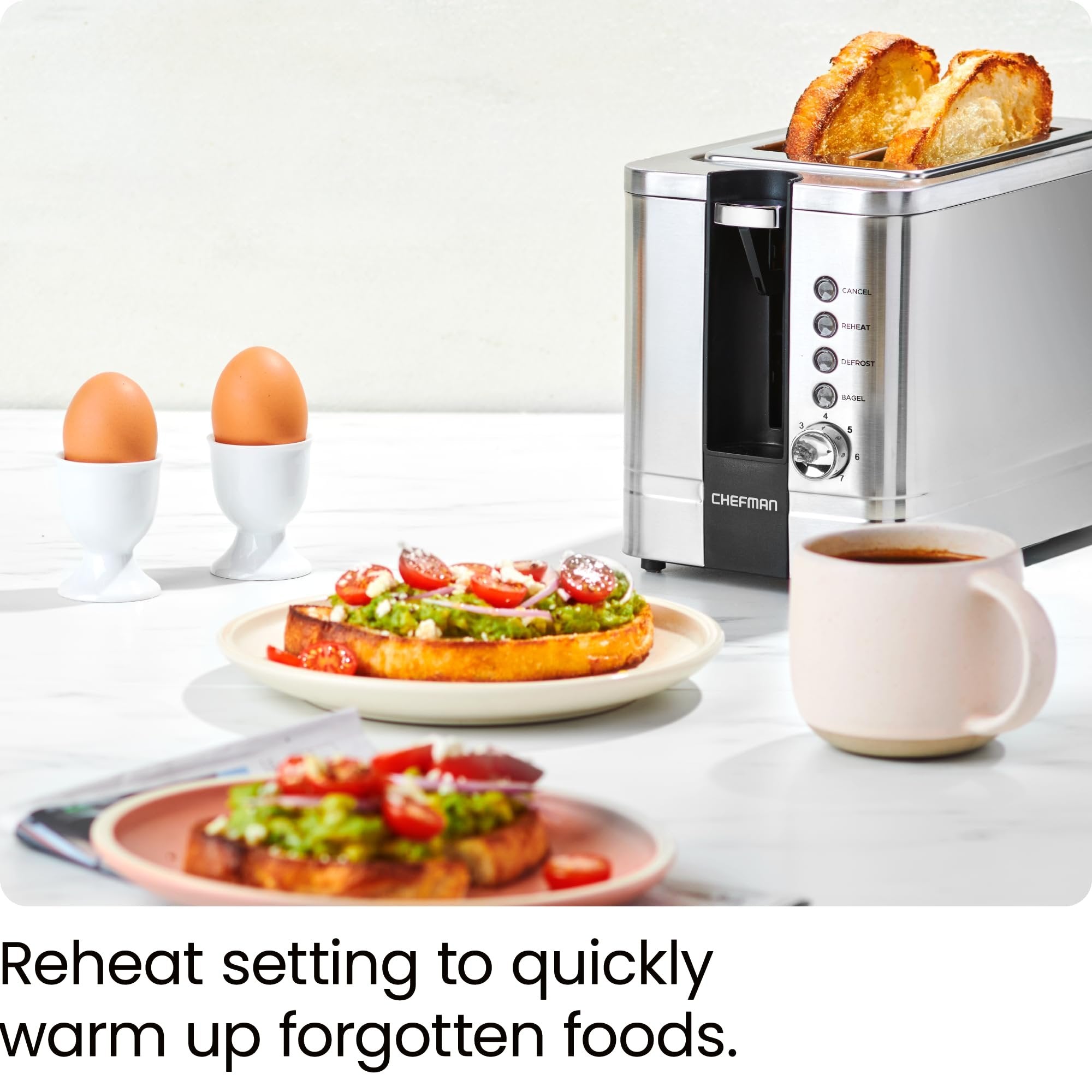 Chefman 2-Slice Pop-Up Stainless Steel Toaster w/ 7 Shade Settings, Extra Wide Slots for Toasting Bagels, Defrost/Reheat/Cancel Functions, Removable Crumb Tray, 850W, 120V, Silver