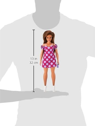 Barbie Fashionistas Doll #171, Curvy, Vitiligo, Long Brunette Hair, Off-Shoulder Polka Dot Dress, Purple Purse, White Boots,Toy for Kids 3 to 8 Years Old