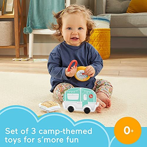 Fisher-Price S'more Fun Camping Gift Set, 3 outdoor-themed baby toys and teether for infants ages 3 months and up