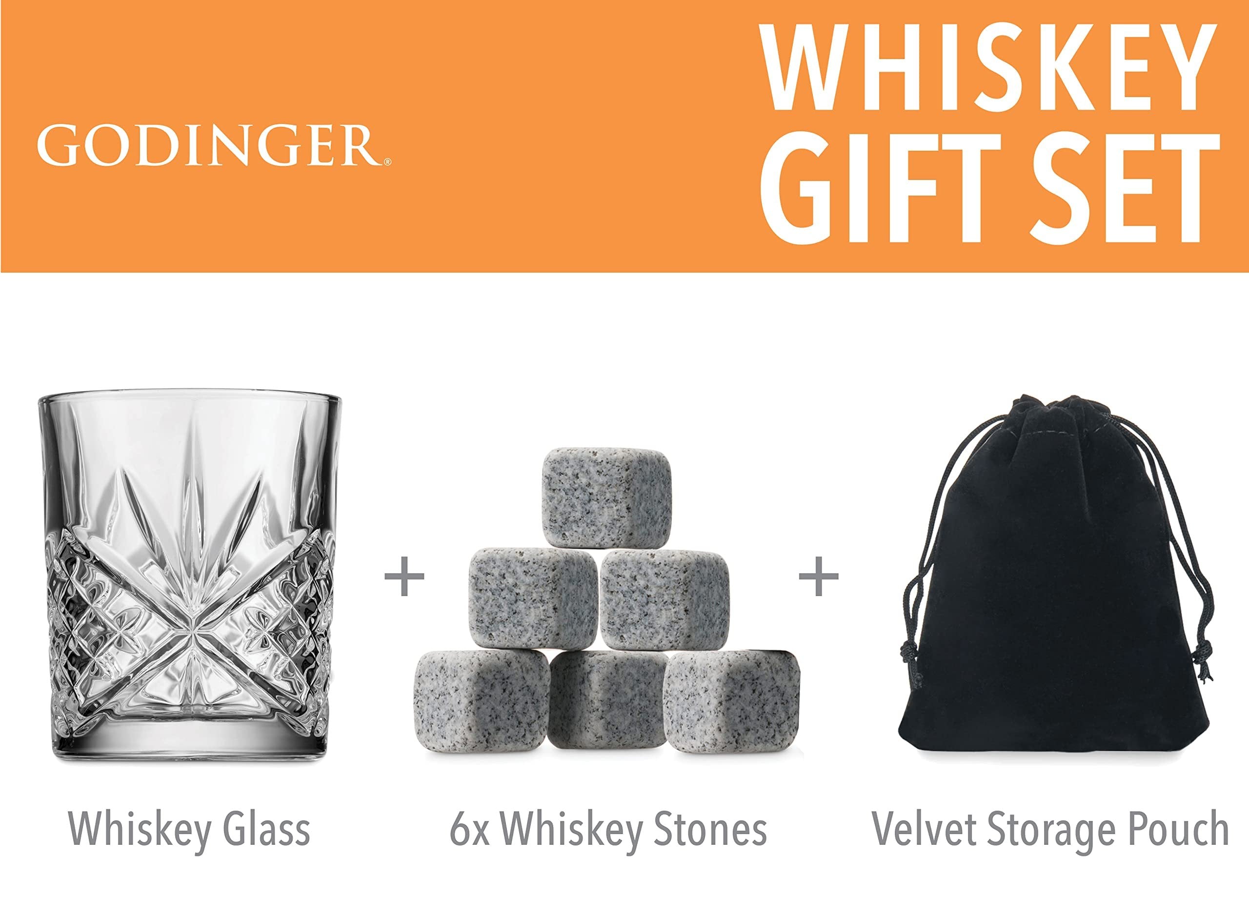 Godinger Whiskey Glass and Whiskey Stones, Gift Set Includes Old Fashioned Whiskey Glasses, 6 Whiskey Rocks Chilling Stones and Storage Pouch, Gifts for Men