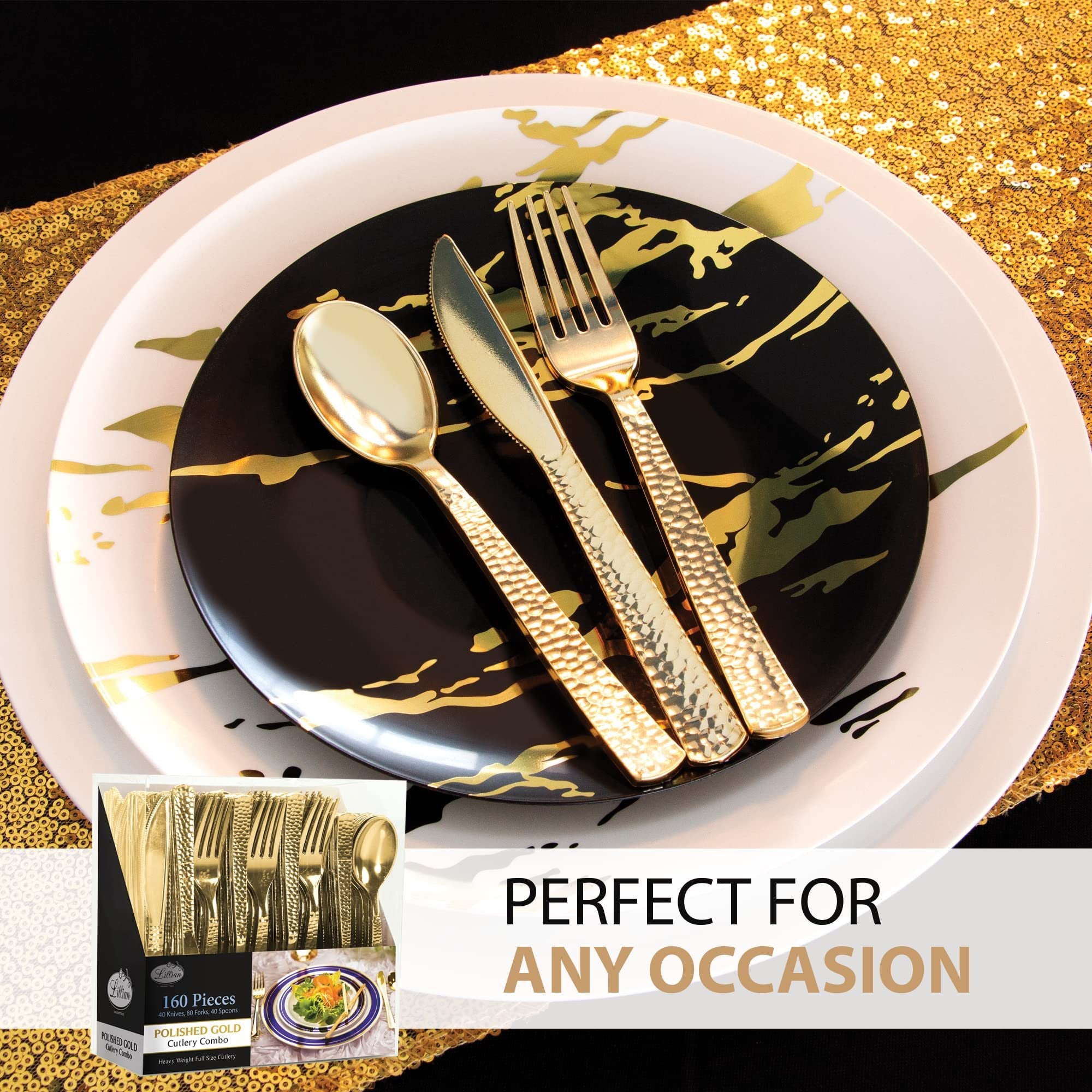 Plastic Cutlery Silverware Extra Heavyweight Disposable Flatware, Full Size Cutlery Combo, Gold Pebbled, 80 Forks, 40 Spoons, 40 Knifes, Value Pack 160 Count