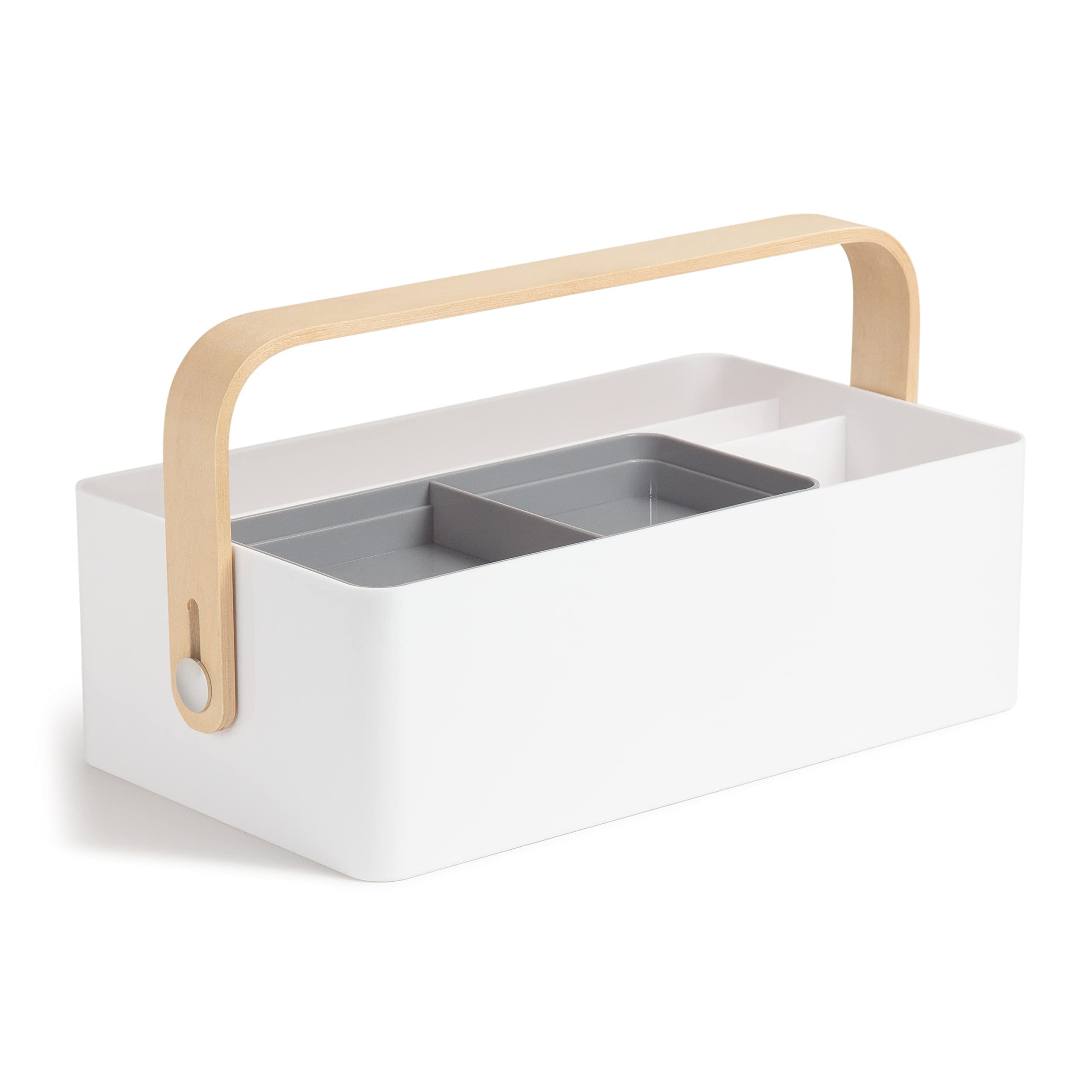 U Brands Mod Caddy Desktop Organizer, Office Supplies, White, with Removable Tray, Poplar Handle, 12.36” x 6.93” x 3.93”