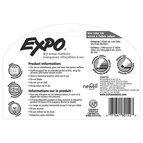 EXPO Low Odor Dry Erase Markers, Chisel Tip, Black, 2 Pack