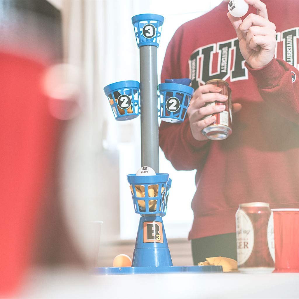 B3 Blitz, Bean Bag and Pong Ball toss Game, Indoor Party Game for Adults and Family: College Bean Bag The Next Generation Pong Game;Game Stand, 5 Buckets 8 Bean Bags 4 Pong Balls, Blue