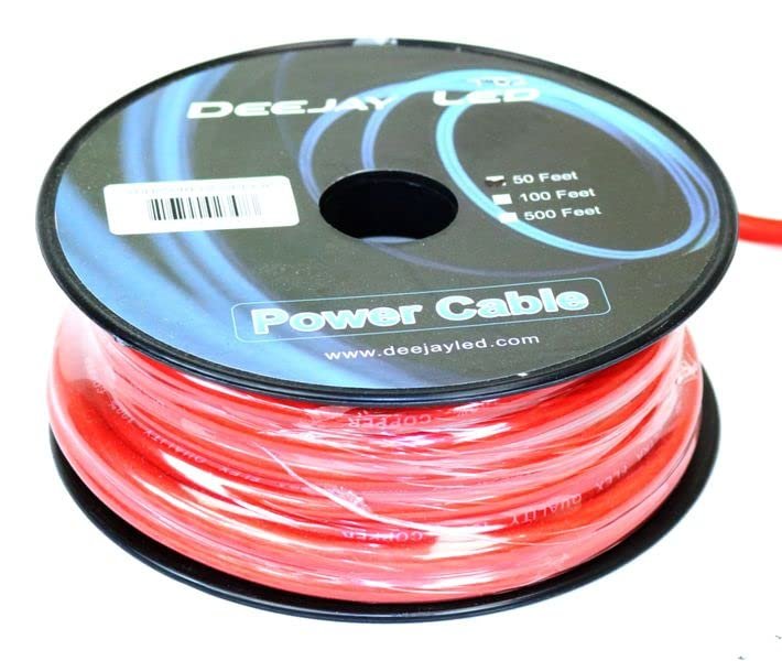 DEEJAYLED Eight-Gauge 50 Foot Red Pure Copper Stranded Power Cable Content Oxygen Free Copper Stranded Wire Style With Thick Red Outer Jacket Power Rating TBH850REDCOPPER