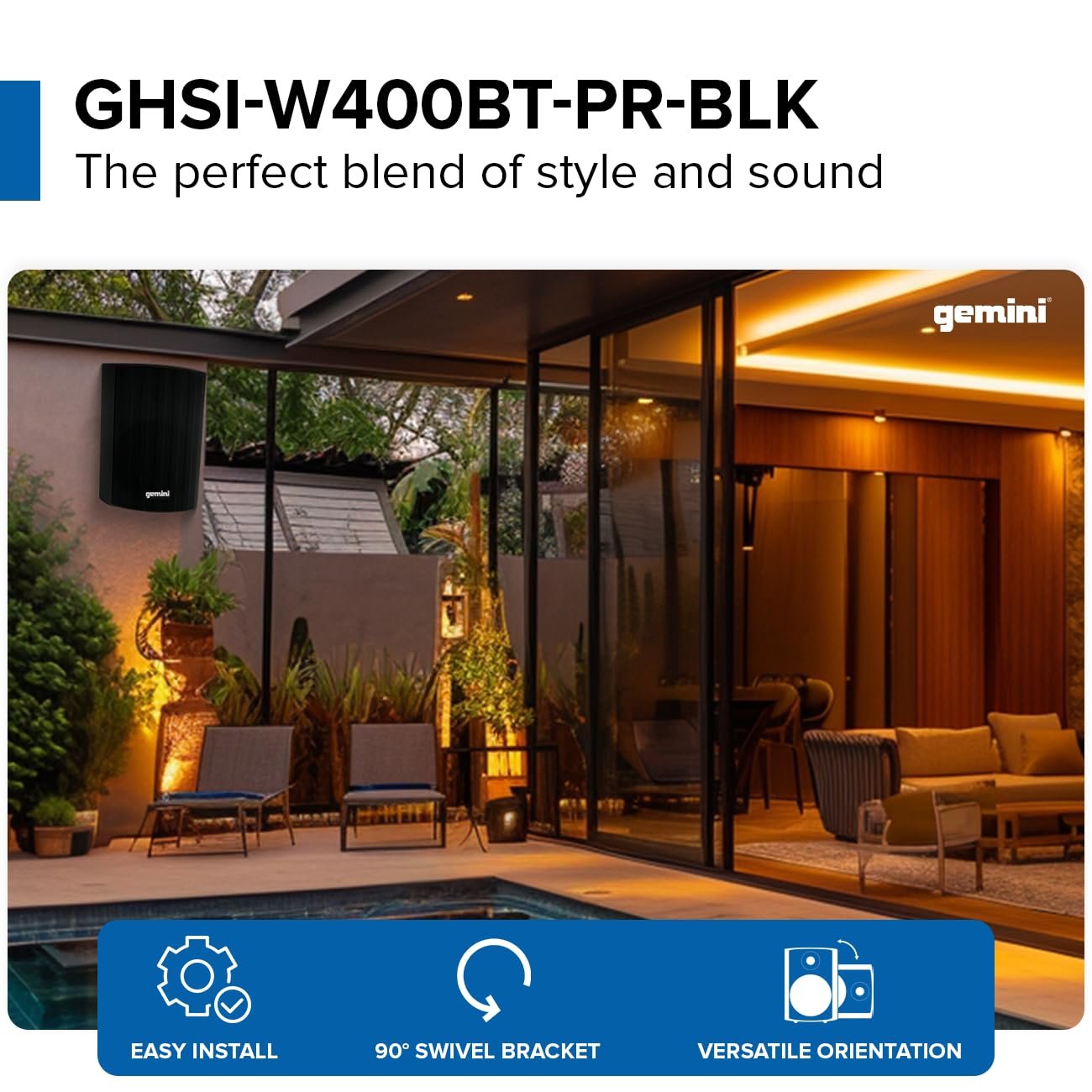 Gemini Sound GHSI-W400BT-PR-BLK 4" Inch Powerfull Bass Woofer 100 Watt Peak Power Waterproof Bluetooth Wall & Ceiling Mount Wired Speakers Pair - Easy Daisy Chain for Home Outdoor Pool & Patio, Black