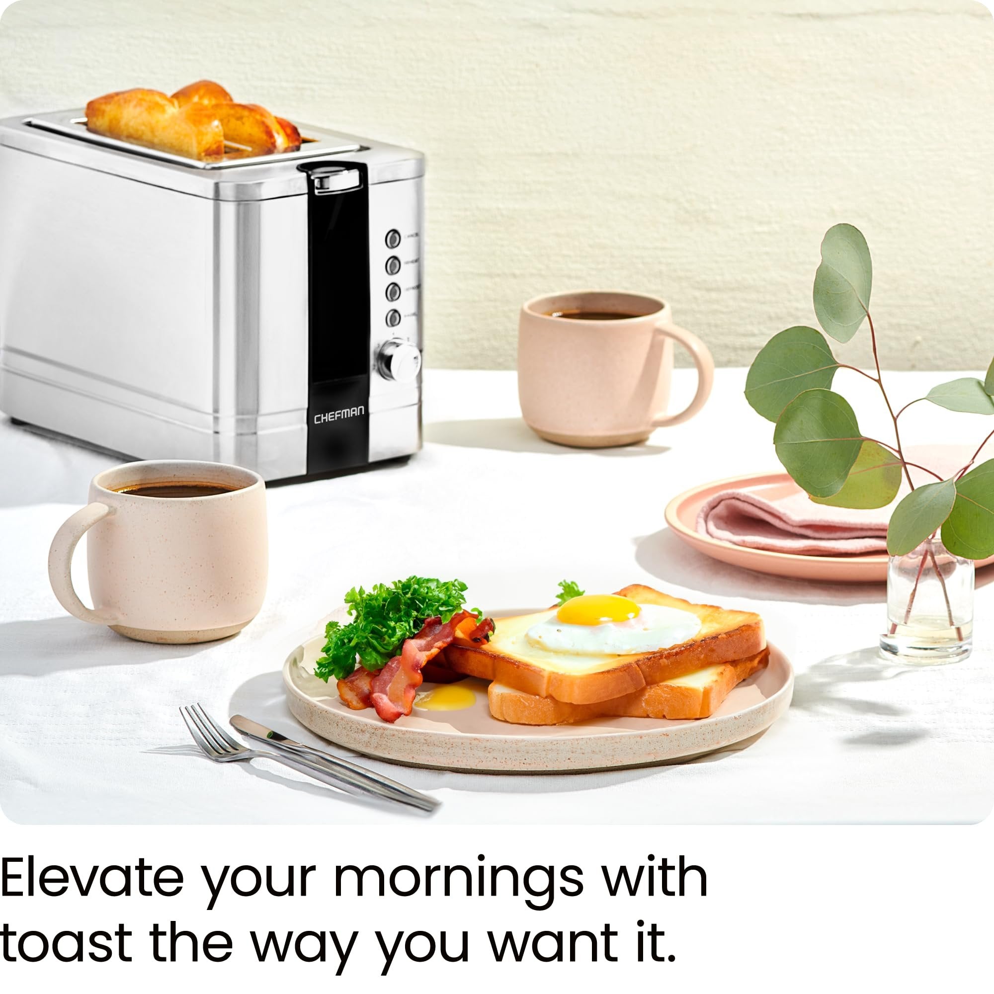 Chefman 2-Slice Pop-Up Stainless Steel Toaster w/ 7 Shade Settings, Extra Wide Slots for Toasting Bagels, Defrost/Reheat/Cancel Functions, Removable Crumb Tray, 850W, 120V, Silver