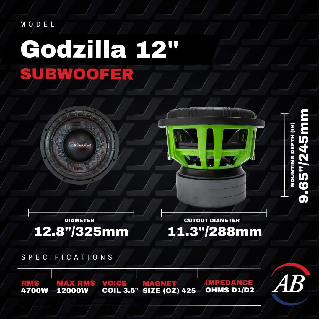 American Bass Godzilla 18 Inch Subwoofer 4700 Watt RMS and 12000 Watt Max Power, 2 Ohm Impedance, 425-oz Magnet, and 3.5-inch Voice Coil, Pack of 1