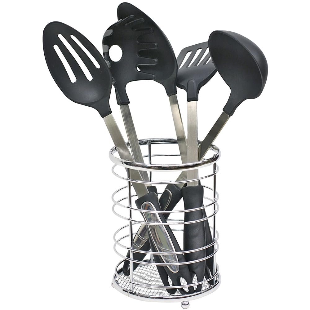 Home Basics Kitchen Utensil Holder for Kitchen Counter Chrome Plated Steel Utensil Crock | Utensil Storage Caddy Organizer for Cooking Spoons, Spatulas, Forks, Whisks, and More