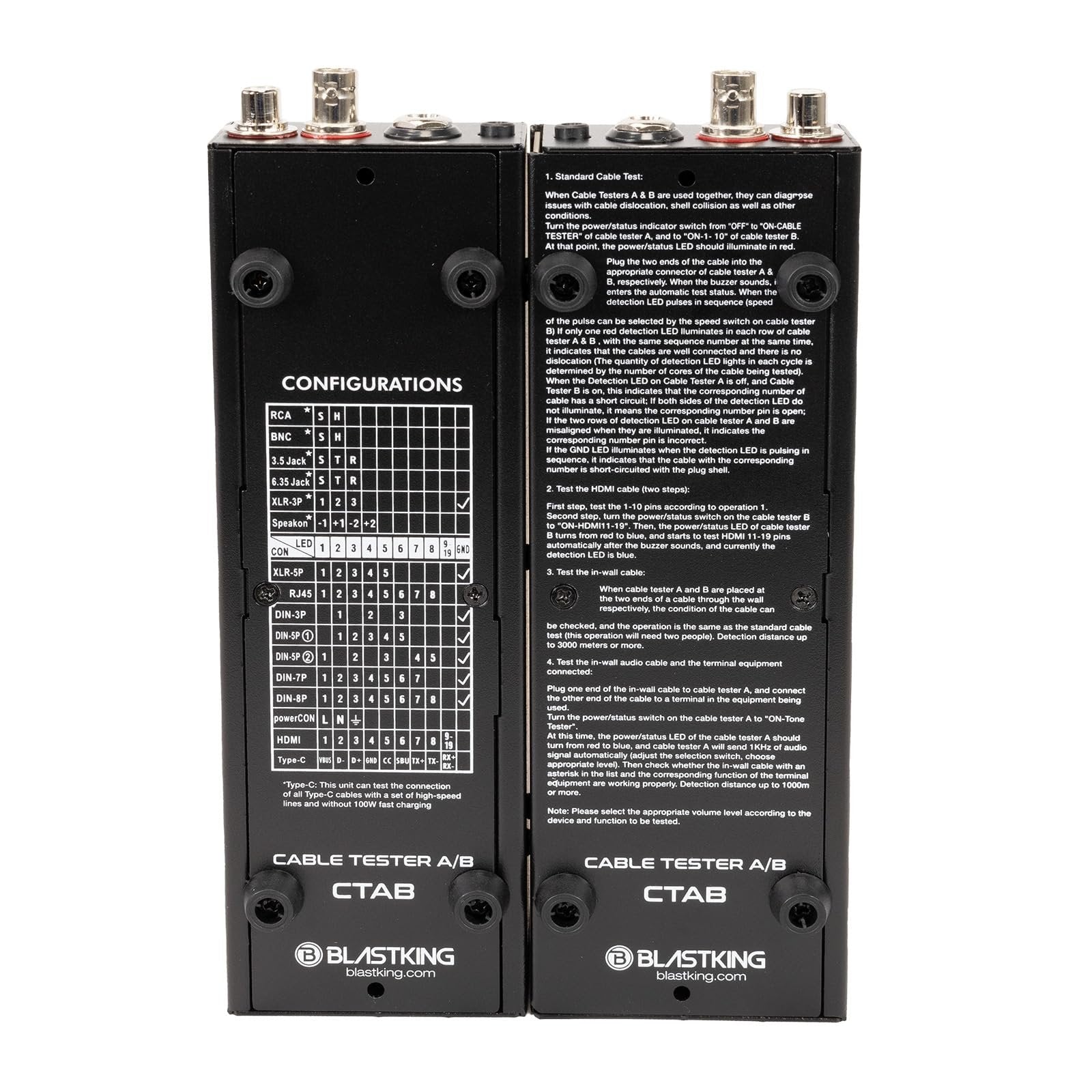 Blastking CTAB Cable Tester A/B – Universal Detachable Cable Tester for XLR, 1/4”, RCA, Speakon, USB, HDMI, BNC, RJ45 & More – Portable Audio/Video/Network Cable Checker