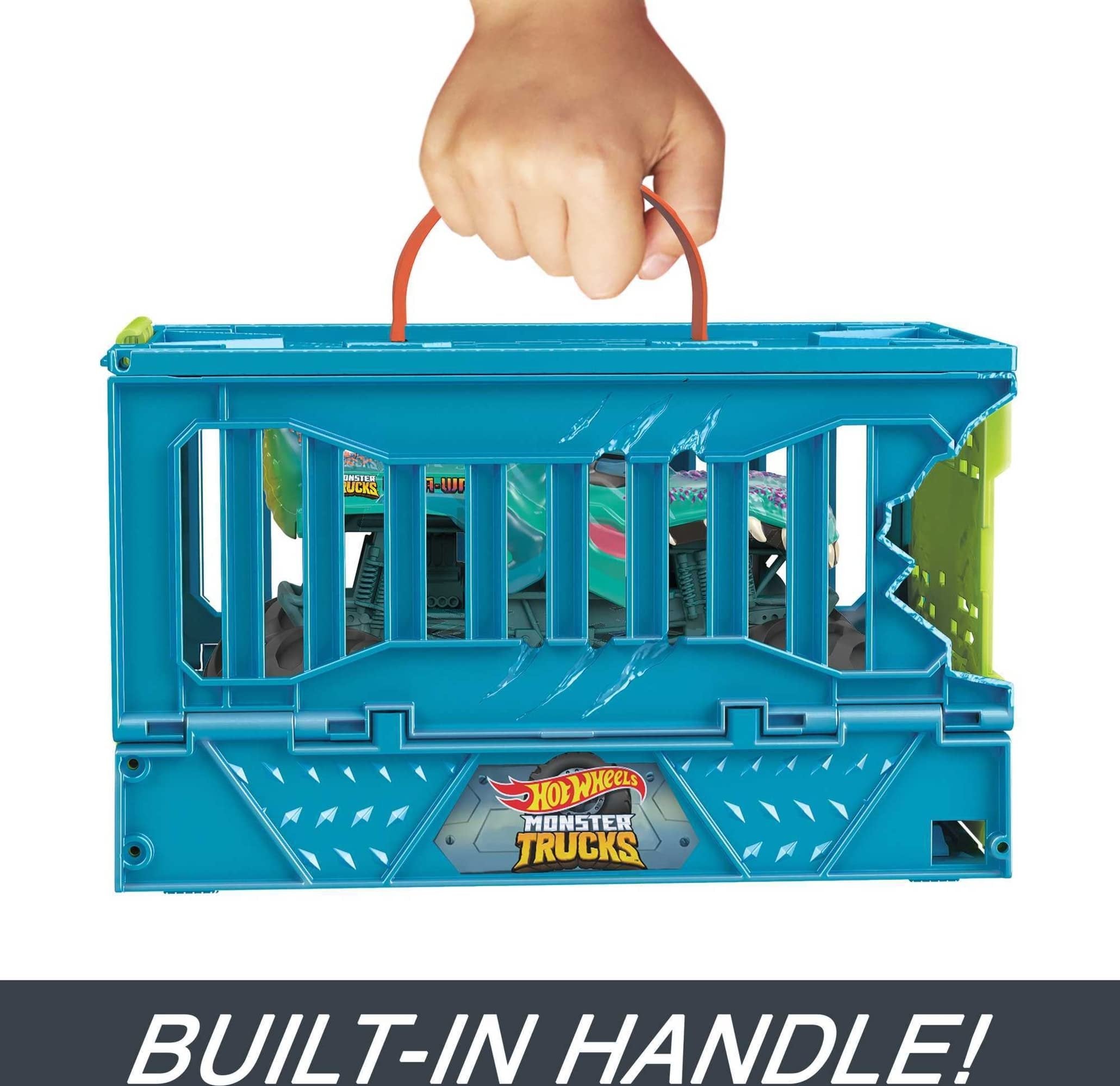 Hot Wheels Toy Monster Trucks 1:24 Scale Mega-Wrex in a Crash Cage, Oversized Storage Case Transforms into Stunting Area with 4 Crushable Accessories