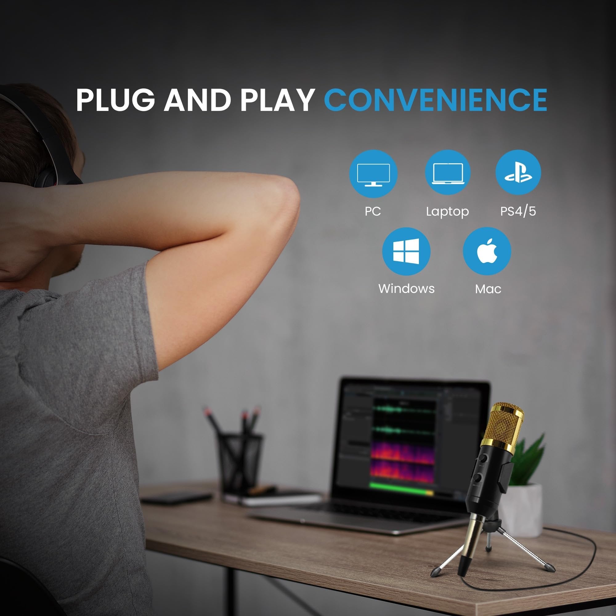 iDance Professional Vocal Transducer Condenser Microphone, Plug & Play Studio Recording Microphone for PC Computer, Gaming, Podcast, Broadcast Streaming, and YouTube, Multipurpose USB Condenser