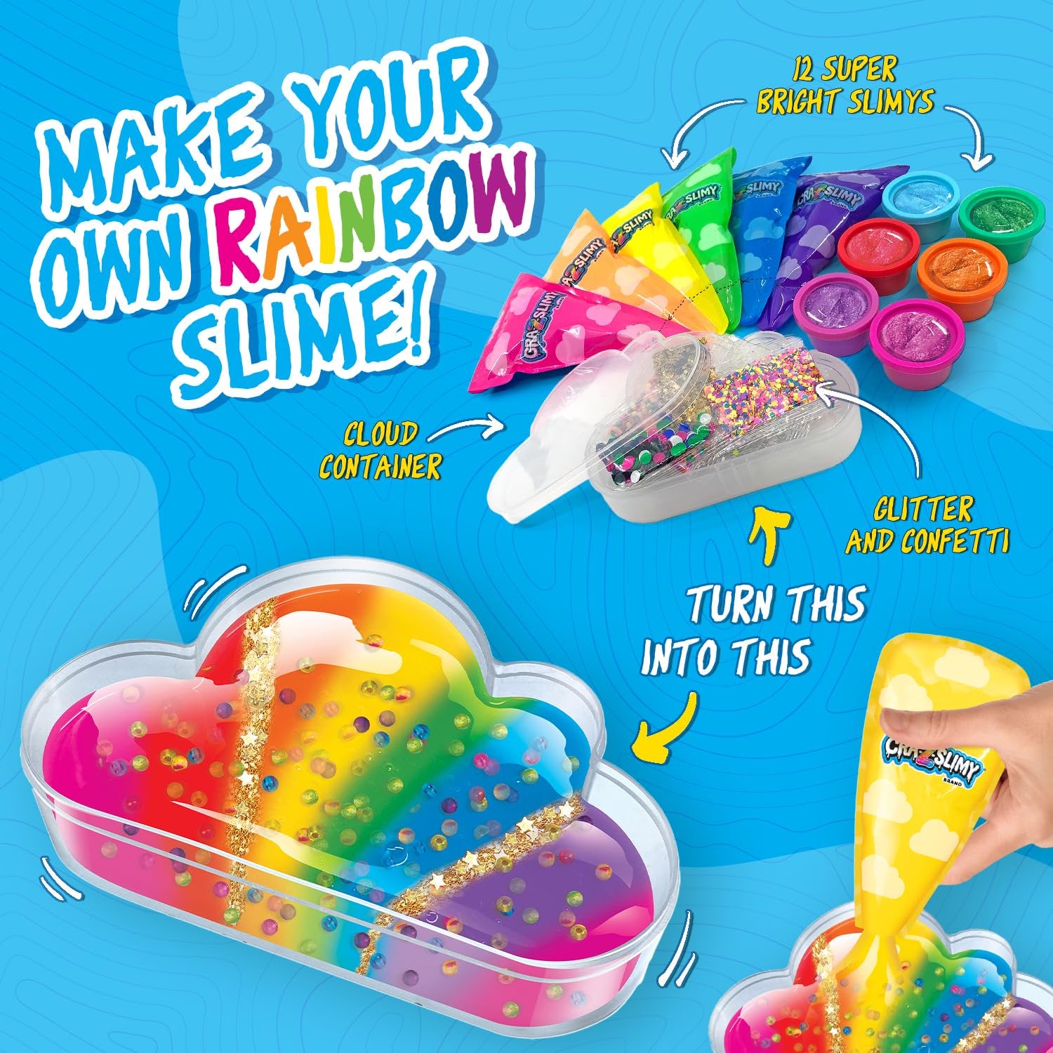 CRA-Z-Slimy Over The Rainbow Slimy Creations Kit, 12 Pre-Made Rainbow Slimes with Piping Bags, Glitter Charms & Cloud Container, Party Slime Kit for Kids Ages 6+