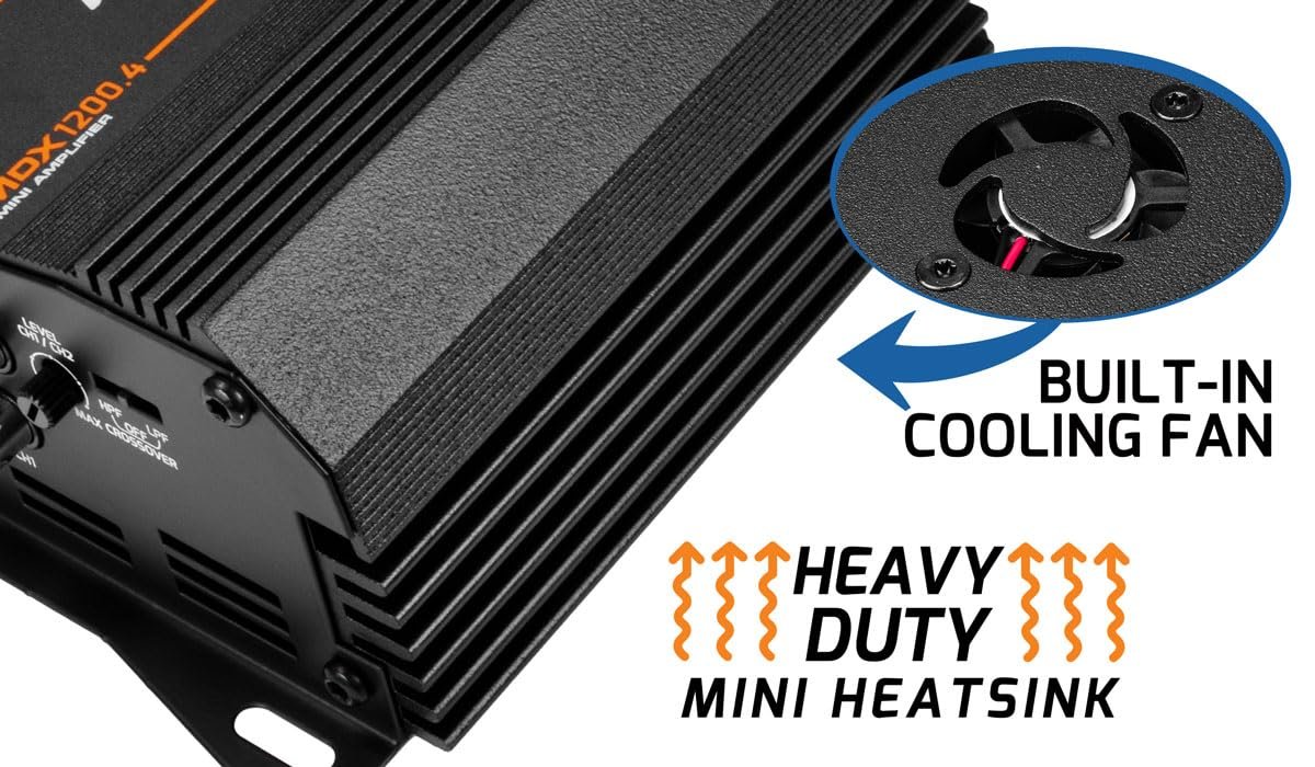 PRV Audio MDX1200.4 2 Ohm Mini 4 Channel Car Audio Amplifier 4 x 300 Watts RMS at 2 Ohm - 1200 Watt 12 Volts Bridgeable Amp for Powersports, Motorcycles, ATV, for High Power Stereo Speaker Systems