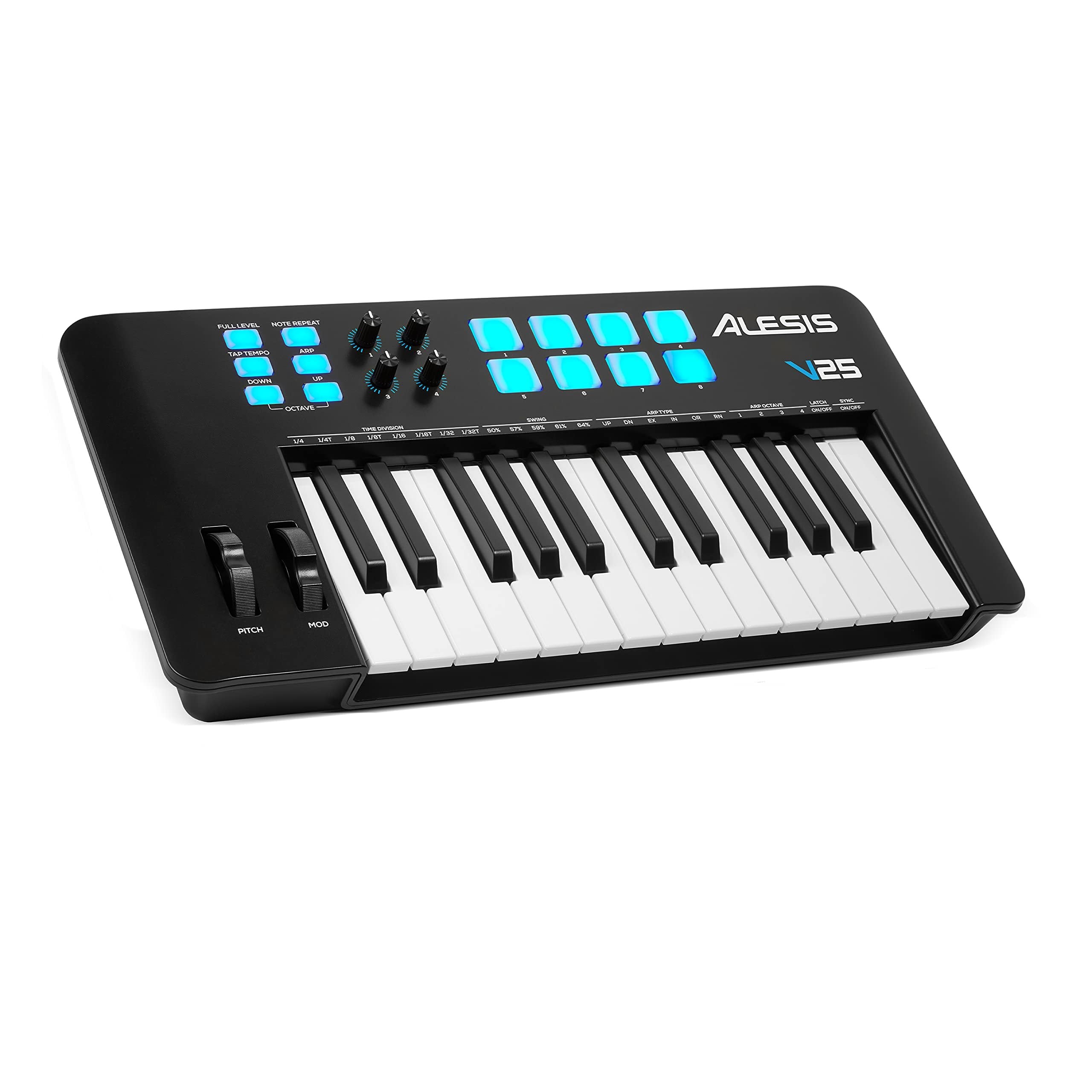 Alesis V25 MKII USB MIDI Keyboard Controller with 25 Velocity Sensitive Keys, 8 Full Level Pads, Arpeggiator, Pitch/Mod Wheel, Note Repeat and Software Suite,black