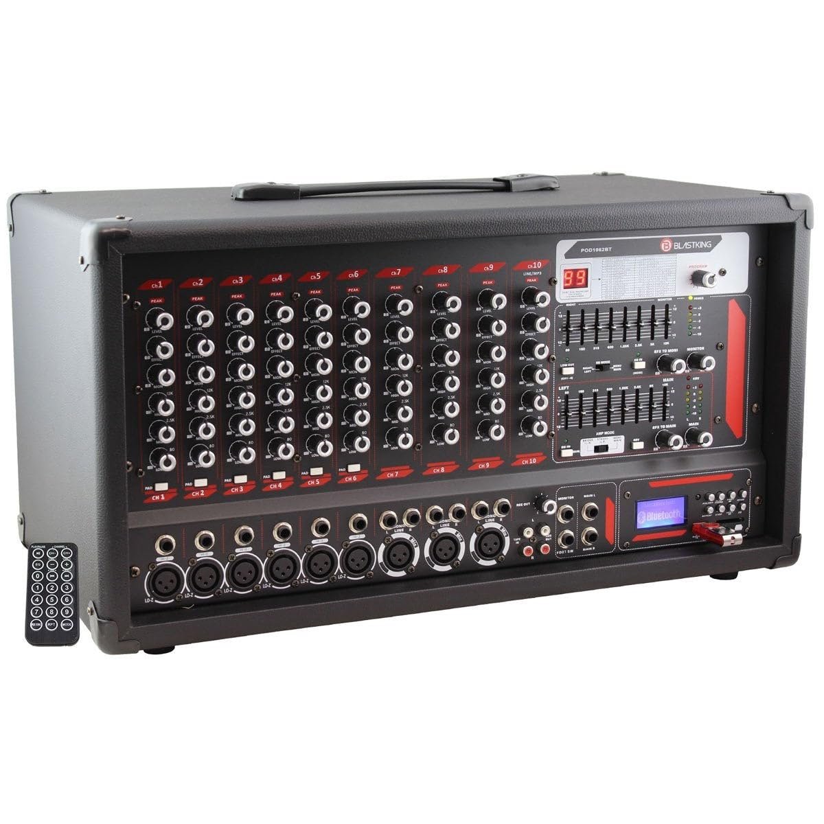 BLASTKING POD1062BT 10-Channel Powered Mixer with Bluetooth, MP3 Player and Equalizer EQ wth Built-in DSP with 99 Effects and Dual Internal Amplifier Provides 250-Watts Each Output Power