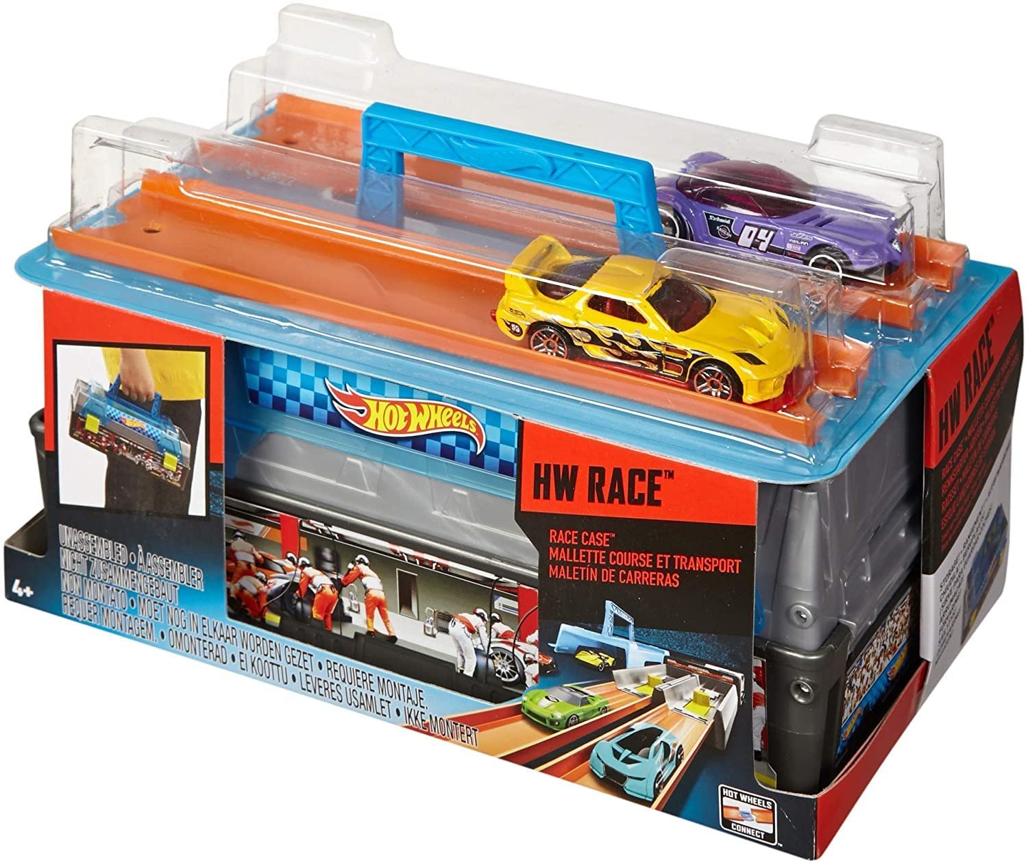 Hot Wheels Toy Cars & Track Set, Race Case Playset with 2 Vehicles in 1:64 Scale, Dual Launcher for Side-By-Side Racing & Portable Storage Container