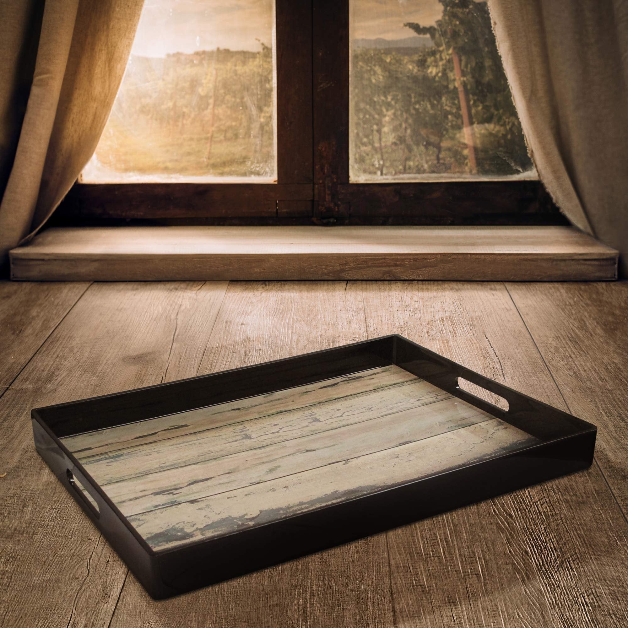 American Atelier Wood Style Rectangle Serving Tray, 14" x 19" x 2", Black