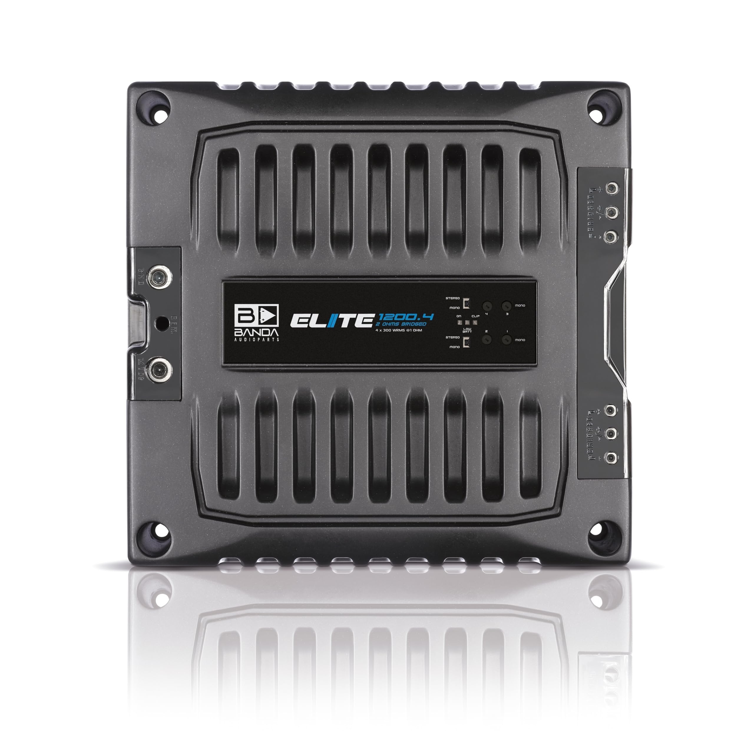 BANDA Audioparts ELITE1200.41OHM 4-Channel Vehicle Audio Amplifier 4 x 300 Wrms 1-Ohm Car Amp D Class High-Powered Mono Amplifier Subsonic Low Pass Filter Stable LED Indicators Sound - 1200.41OHM