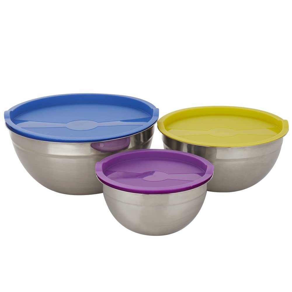 Home Basics 6 Piece Stainless Steel Nesting Mixing Bowls with Lids | Colorful Lids for Each Size Mixing Bowl | Tabs on Each Side of Lid for Lifting | High Sides for Mixing | 48, 83.2 & 134.4 Oz Sizing
