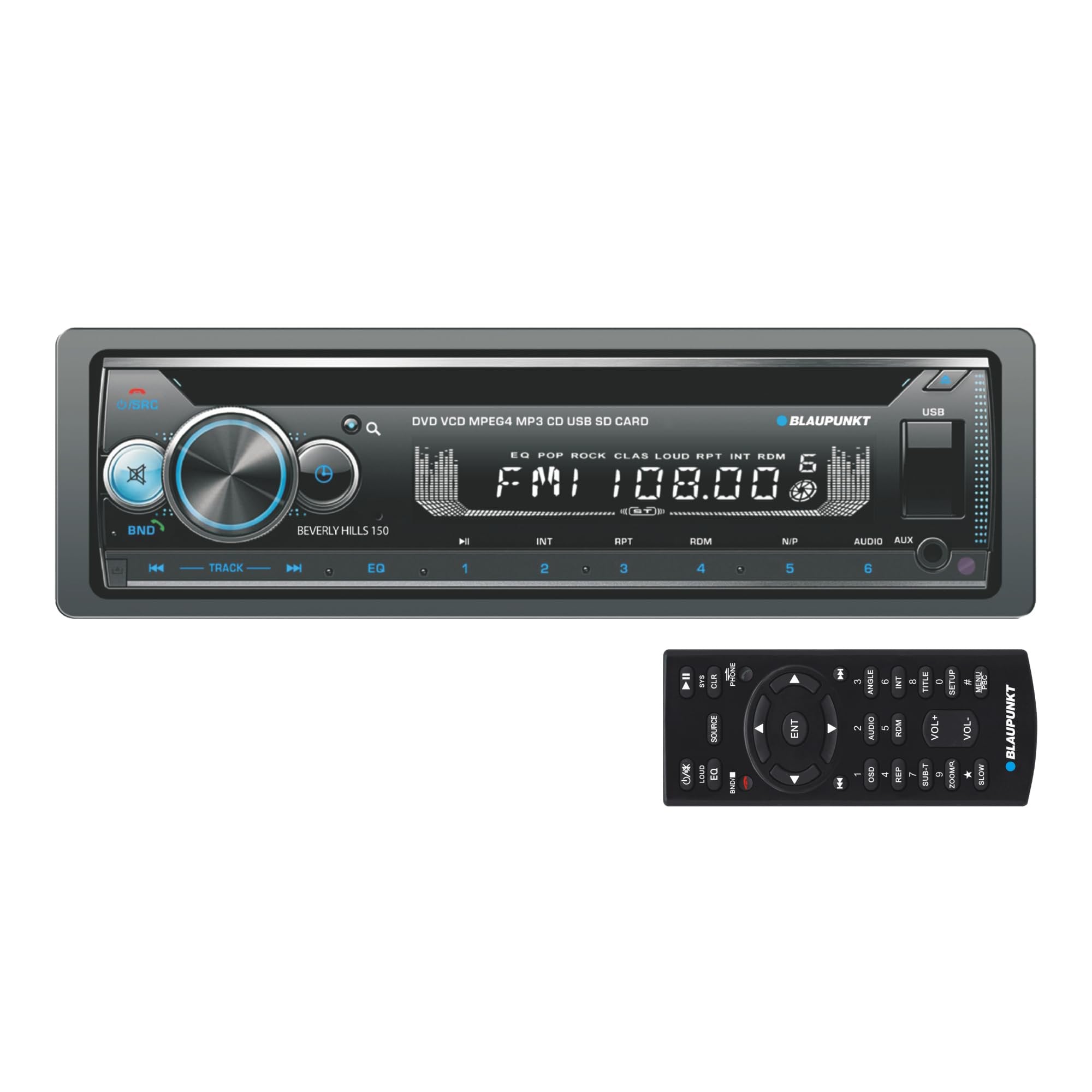 BLAUPUNKT Beverly Hills 150 Multimedia Car Stereo - 120W Peak Power, Bluetooth Connectivity, Hands-Free Calling, Detachable Faceplate, DVD & CD Receiver, USB/SD, AM/FM, Remote Control - Black