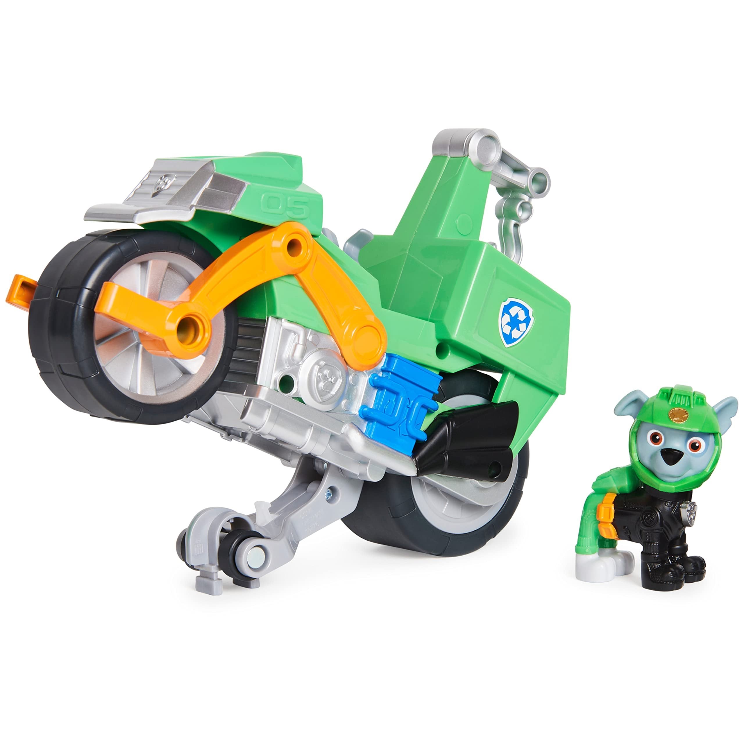 Paw Patrol, Moto Pups Rocky’s Deluxe Pull Back Motorcycle Vehicle with Wheelie Feature and Toy Figure