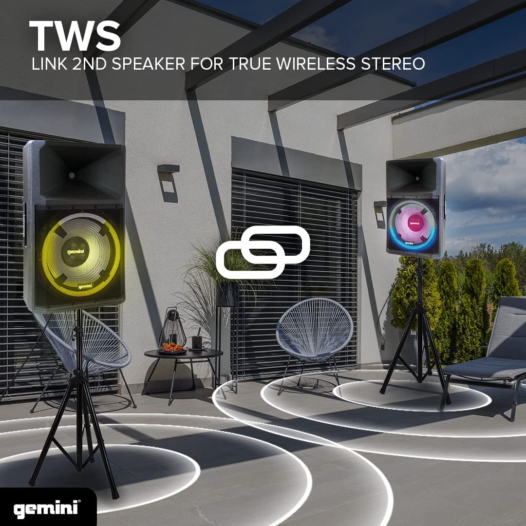 Gemini Sound GSP-L2200PK Indoor 2200 Watt Peak Bi-Amped Wired AC Powered Bluetooth DJ Speaker with 15" Inch Woofer, LED Party Lights, Built in Media Player, and Included Microphone and Speaker Stand