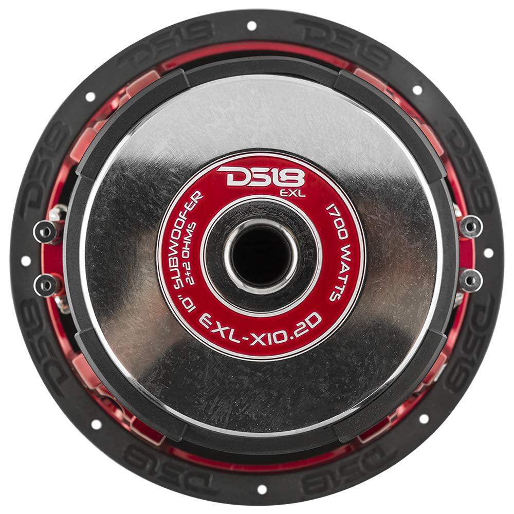 DS18 EXL-X10.2D Subwoofer in Black - 10" Speaker, 1750W Max Power, 850W RMS Power, Fiber Glass Dust Cap, Red Aluminum Frame, DVC, 2 Ohm Impedance, Ferrite Magnet (1 Speaker)