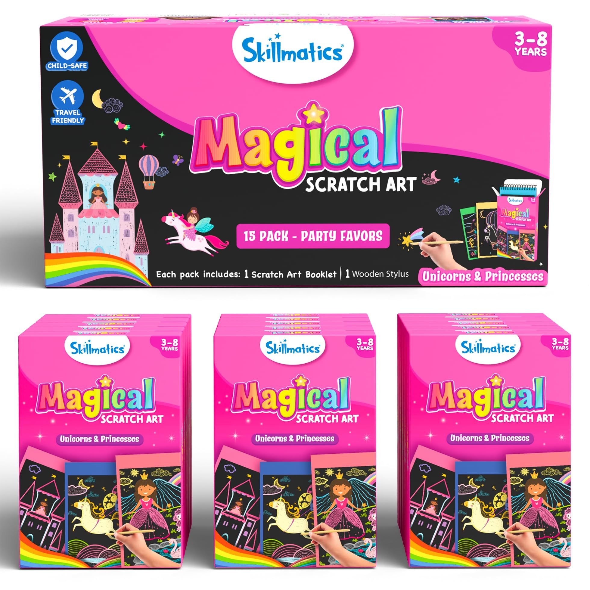 Skillmatics Party Favors (Pack of 15) - Magical Scratch Art Set for Kids, Unicorns & Princesses, Pink Goodie Bag, DIY Art & Craft Activity, Gifts for Girls, Boys Ages 3, 4, 5, 6, 7, 8