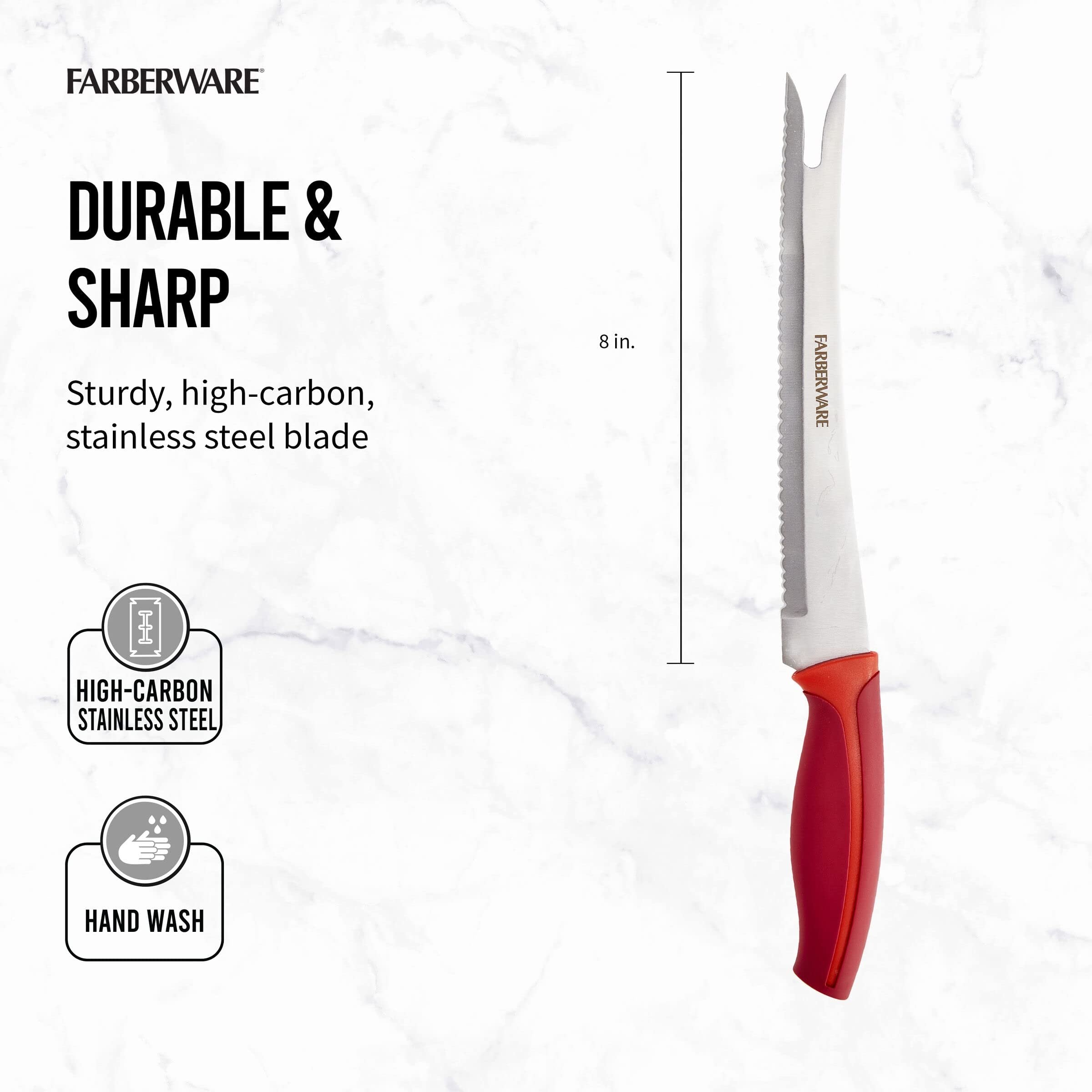 Farberware Slice Bread Knife Ultra-Sharp Serrated Blade, Ergonomic Soft-Grip Handle, Ideal for Precise Cutting, 8 inch, Maroon