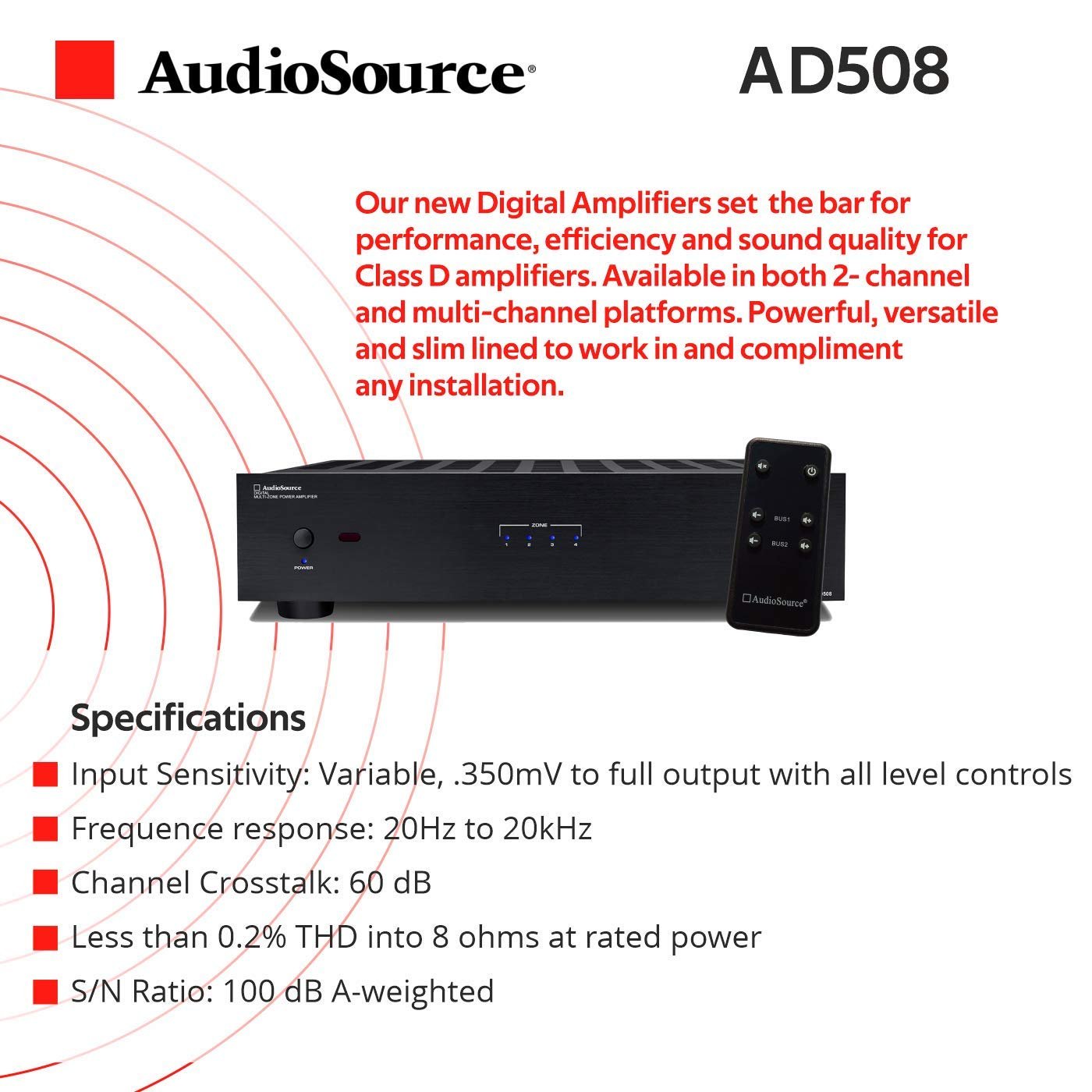 AudioSource Digital Amplifier, 8 Channels Stereo Versatility D Amplifier AD508 for Home Sound Systems