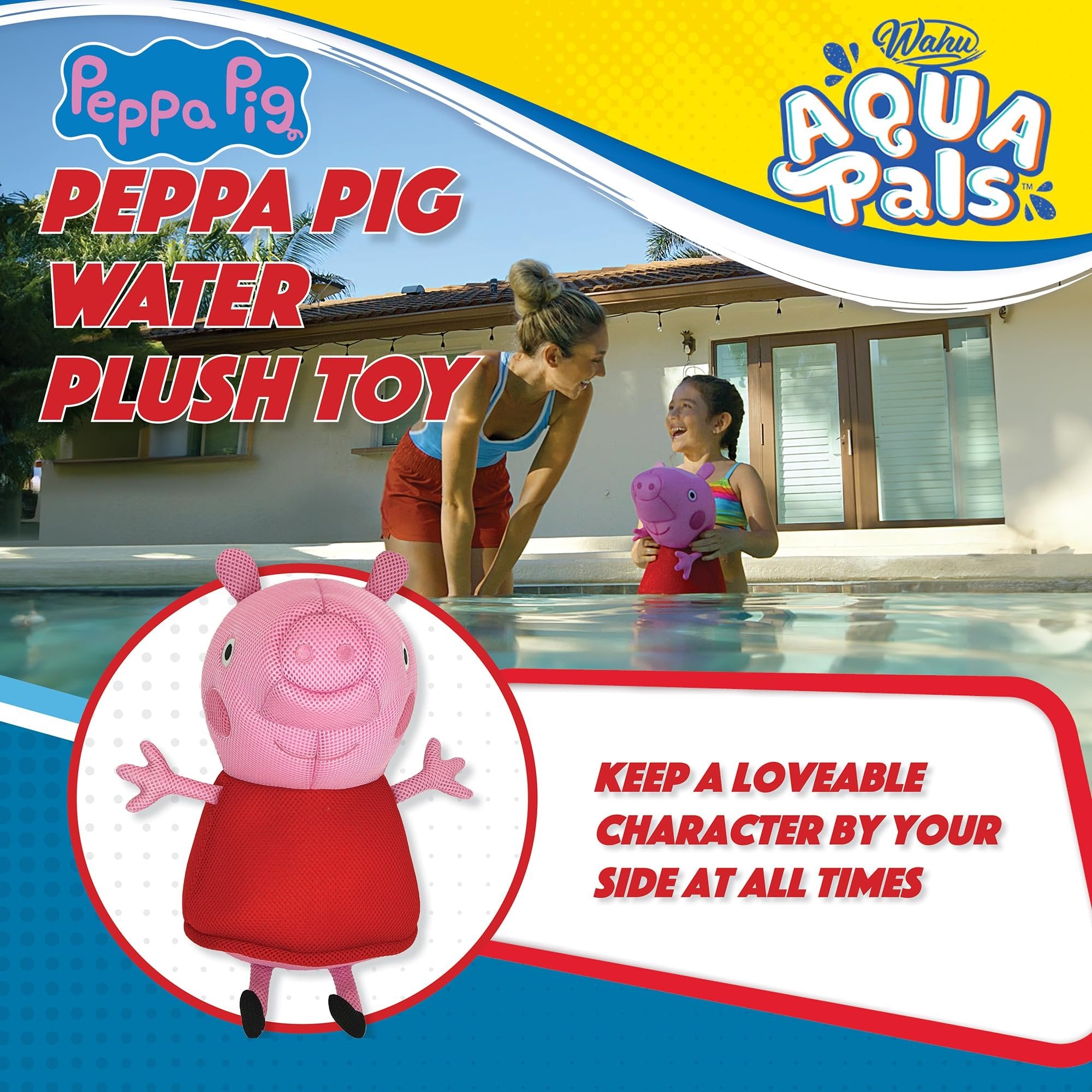 Wahu Aqua Pals Peppa Pig Plush Water Toy for Kids Ages 2+, Fast-Drying Waterproof Plush Doll Toy for Pool and Bathtub, Pink/Red, 16", Medium