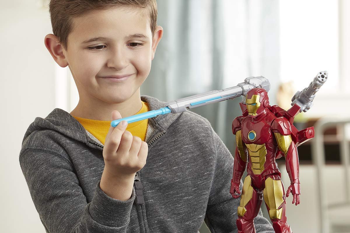 Avengers Marvel Titan Hero Series Blast Gear Iron Man Action Figure, 12-Inch Toy, with Launcher, 2 Accessories and Projectile, Ages 4 and Up, Red