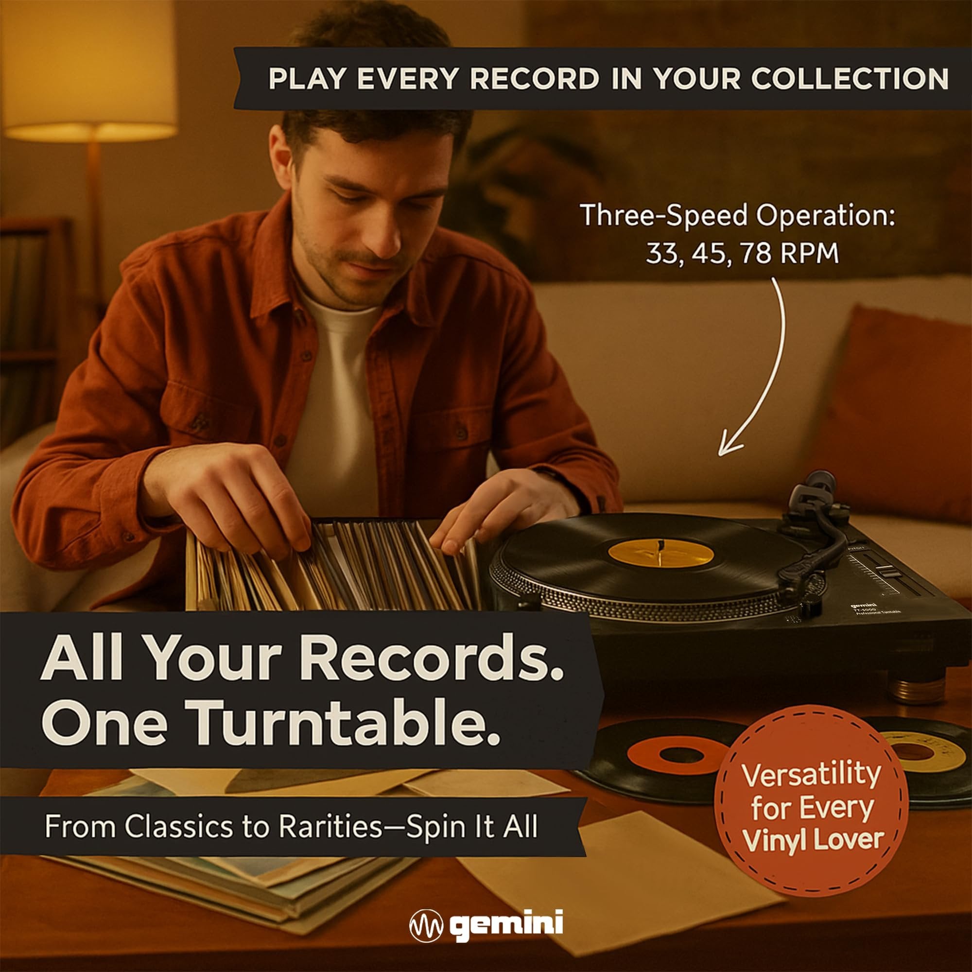Gemini Direct Drive DJ Turntable for Vinyl Records – USB Turntable with Built-In Preamp, High Torque Motor, Pitch Control, S-Shaped Tonearm, 33/45/78 RPM (TT-5000)
