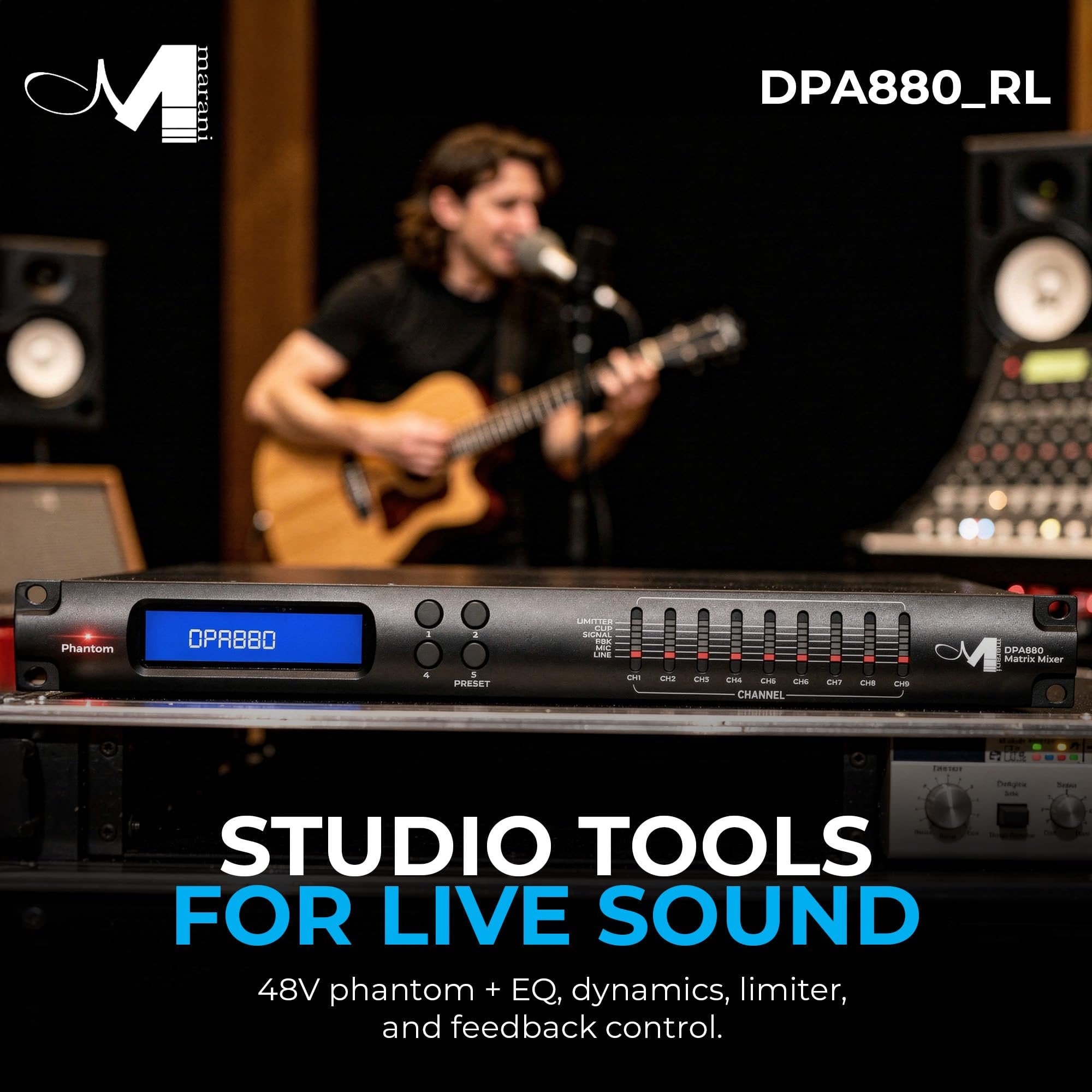 MARANI 8x8 Matrix Switch DSP System, Audio Matrix with USB/RS485 Control, Phantom Power, 6 Presets, LCD Display, Feedback Eliminator, 5-Band EQ, 48V Mic Inputs, 8 Inputs & Outputs