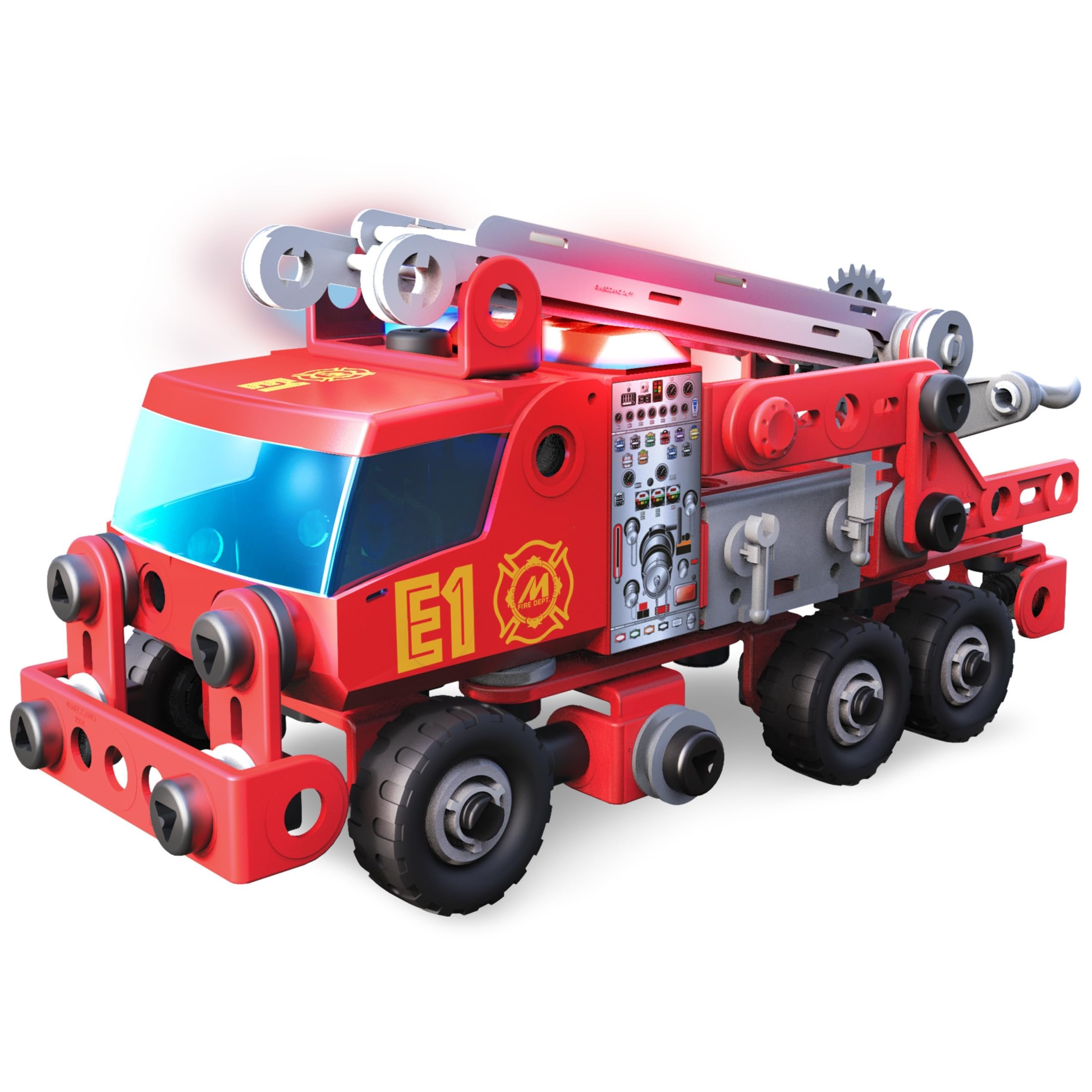Meccano Fire Truck Toy Model Car Kit (152 pcs): Battery-Powered Siren Sound, Lights & Swiveling Ladder (Ages 5+) STEAM Vehicle Building Set with 2 Kid Construction Tools, 150 Snap-in Parts & Stickers